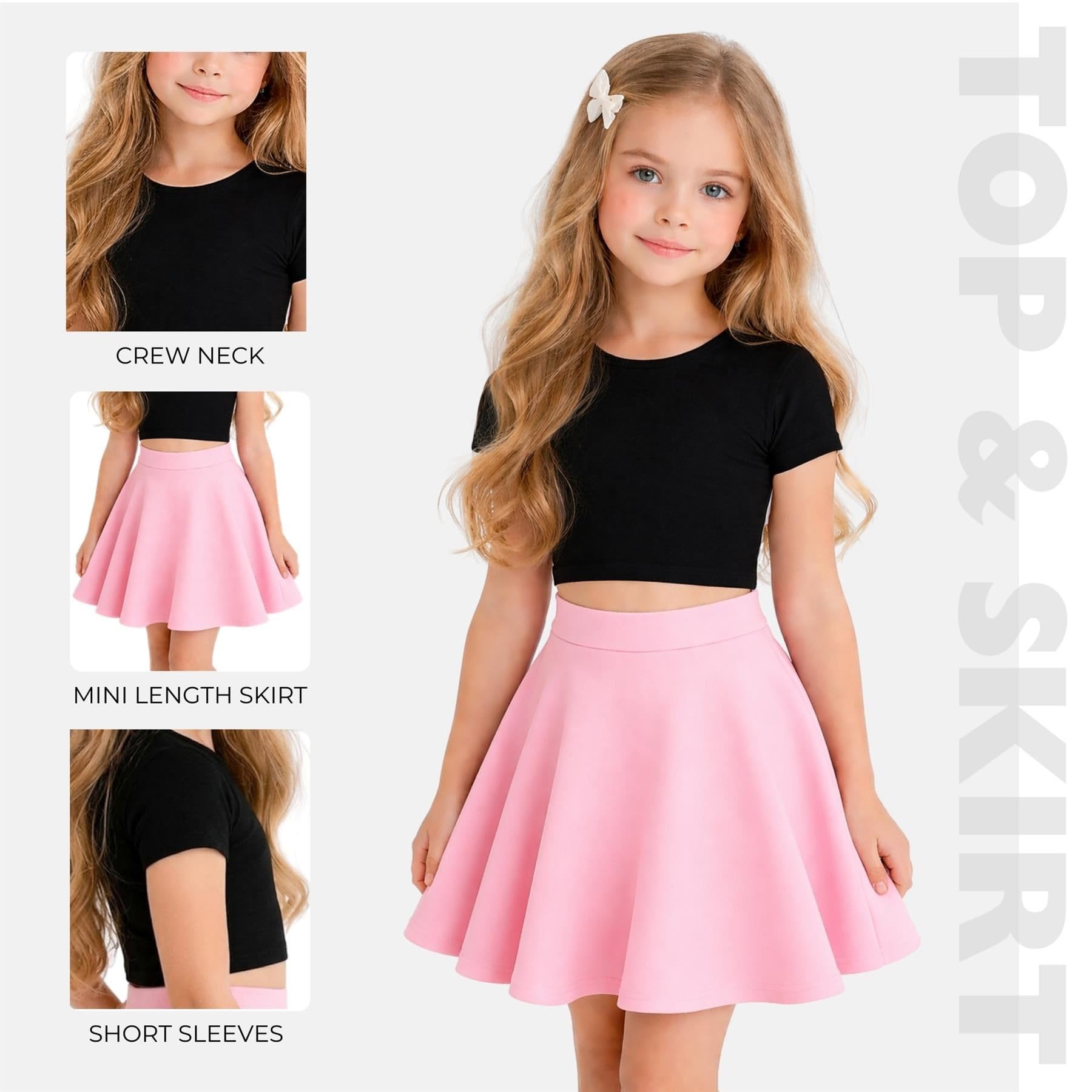 Janisramone Completo estivo da bambina, con top corto svasato, gonna svasata, per feste scolastiche, set da 2 pezzi, 3-13 anni