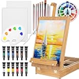 Falling in Art Tabletop Easel Set, 28 Pcs Sketch Box Easel Set, Potable Painting Supplies Kit with Acrylic Paints, Brushes, Stretched Canvas for Beginners and Artists, Walnut