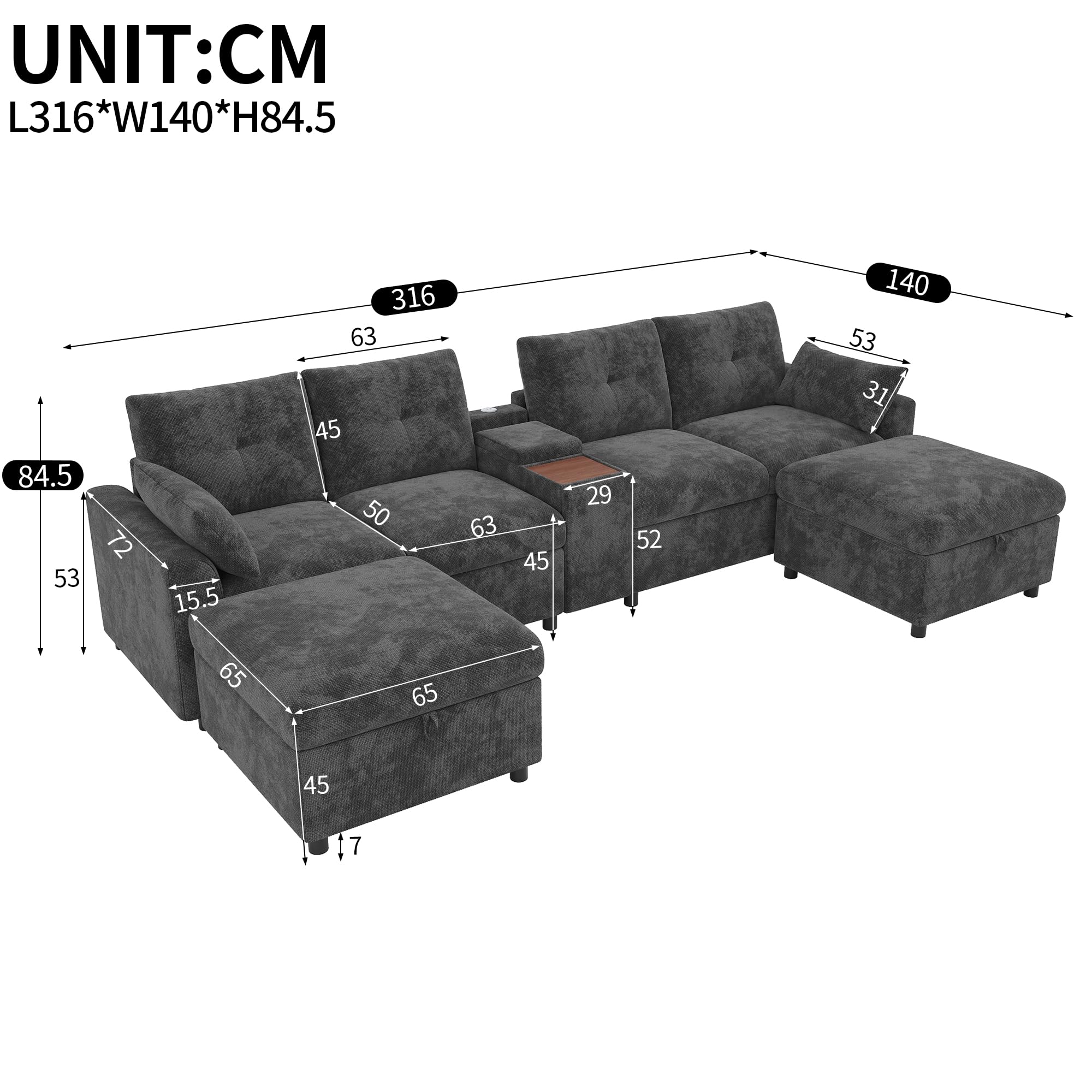 Modulare Ecksofa Wohnlandschaft 6-Sitzer U-/L-Form,Chenille,Grey