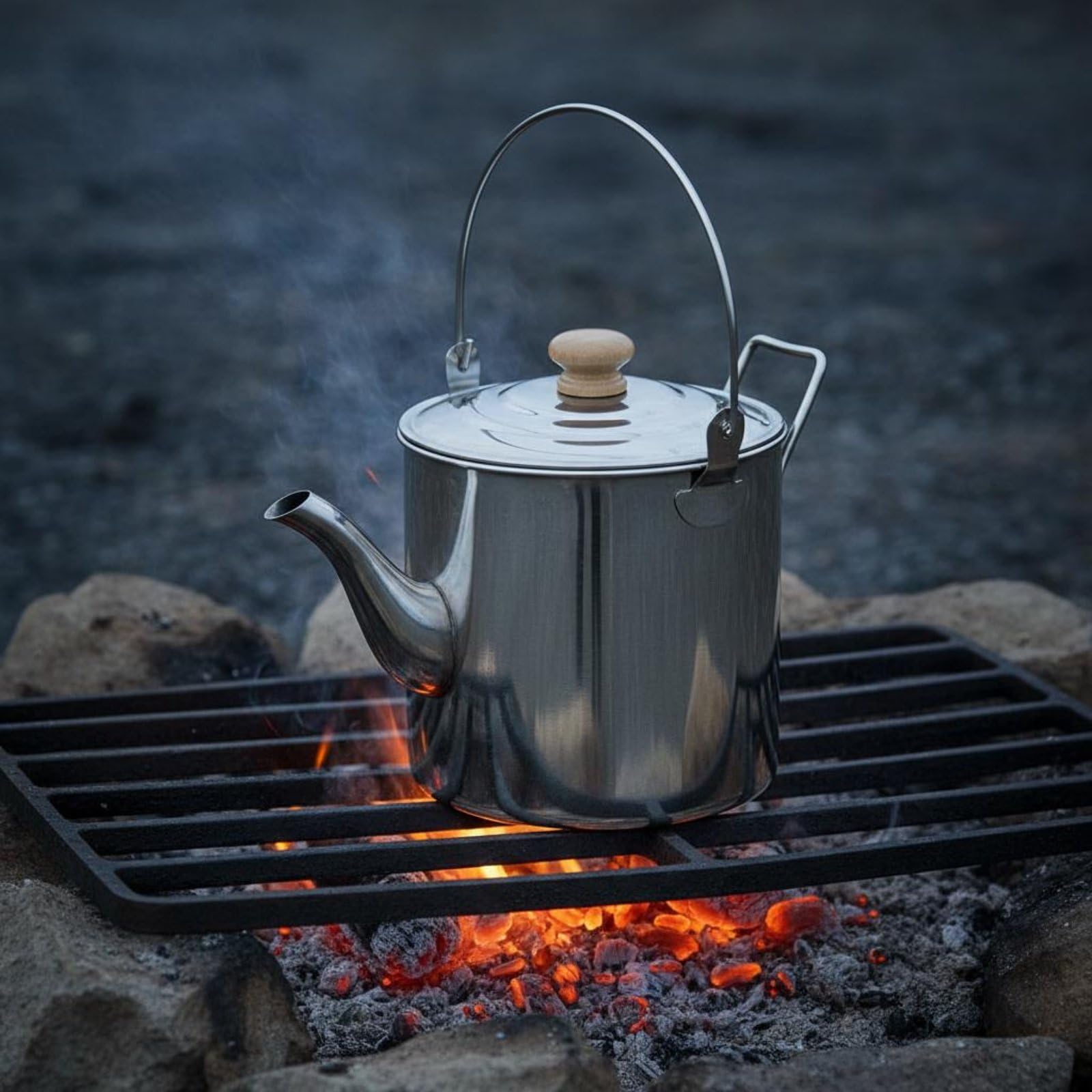 Gralara Tetera de Camping Tetera Hervidor Olla Cafetera con Cuerpo de Acero Inoxidable y Perilla de Madera Antitérmica Largo Que Evita Buena Retención de, 3L