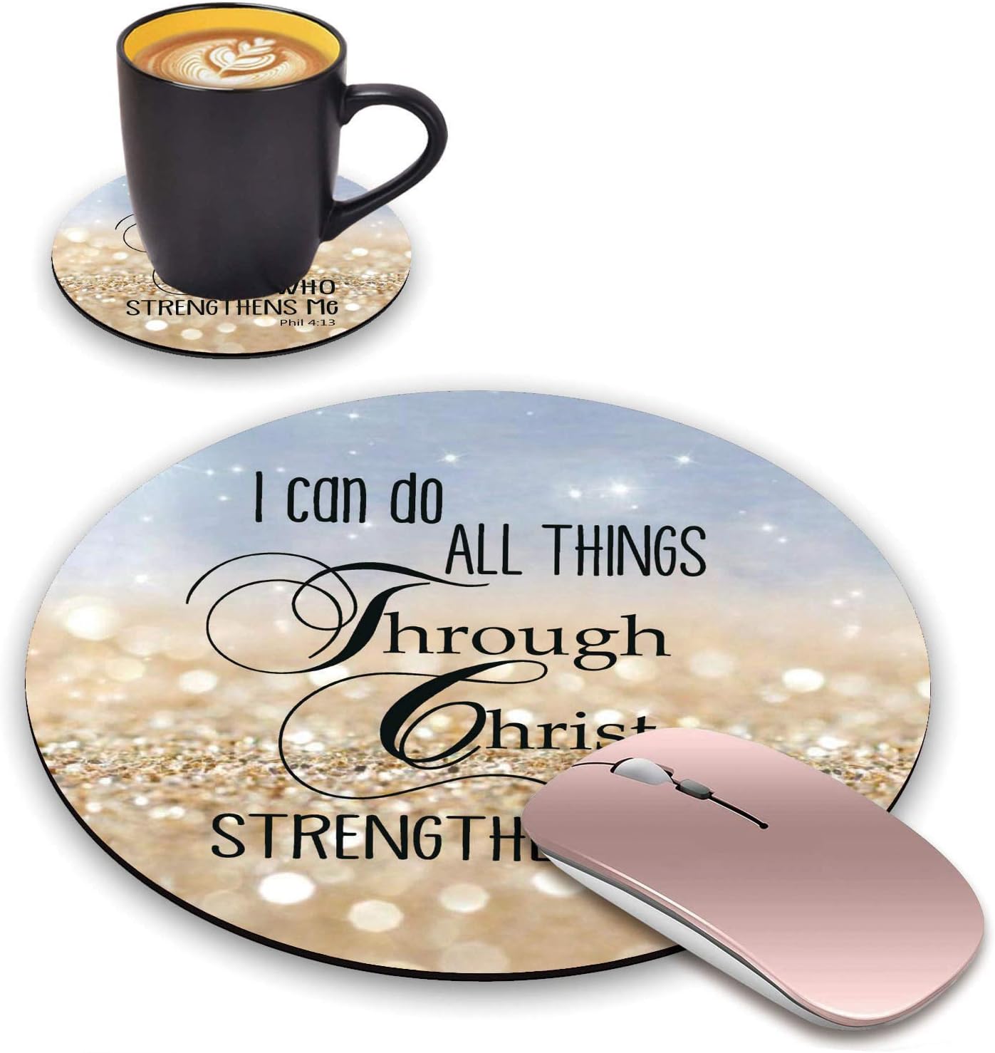 Round Mouse Pad and Coasters Set, Rainbow Glitter Mousepad, Inspirational Quotes Christian Bible Verse Phil 4-13 Mousepad, Non-Slip Rubber Base Mouse Pads for Laptop and Computer