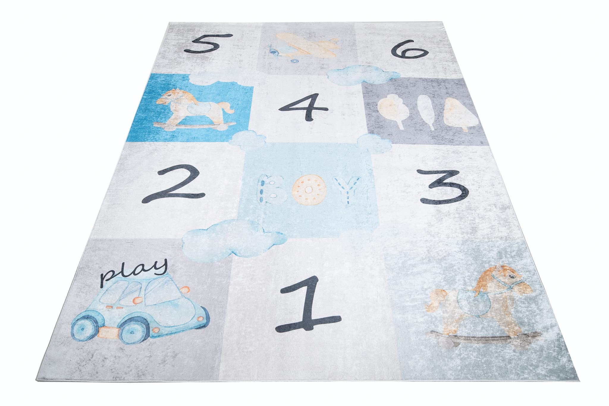 TAPISO Emma Alfombra Antideslizante de Habitación Infantil Juvenil Dormitorio de Niño Bebé Diseño Moderno Numeros Letras Crema Gris Azul Patrón Impreso Sin Pelo Suave 120 x 170 cm