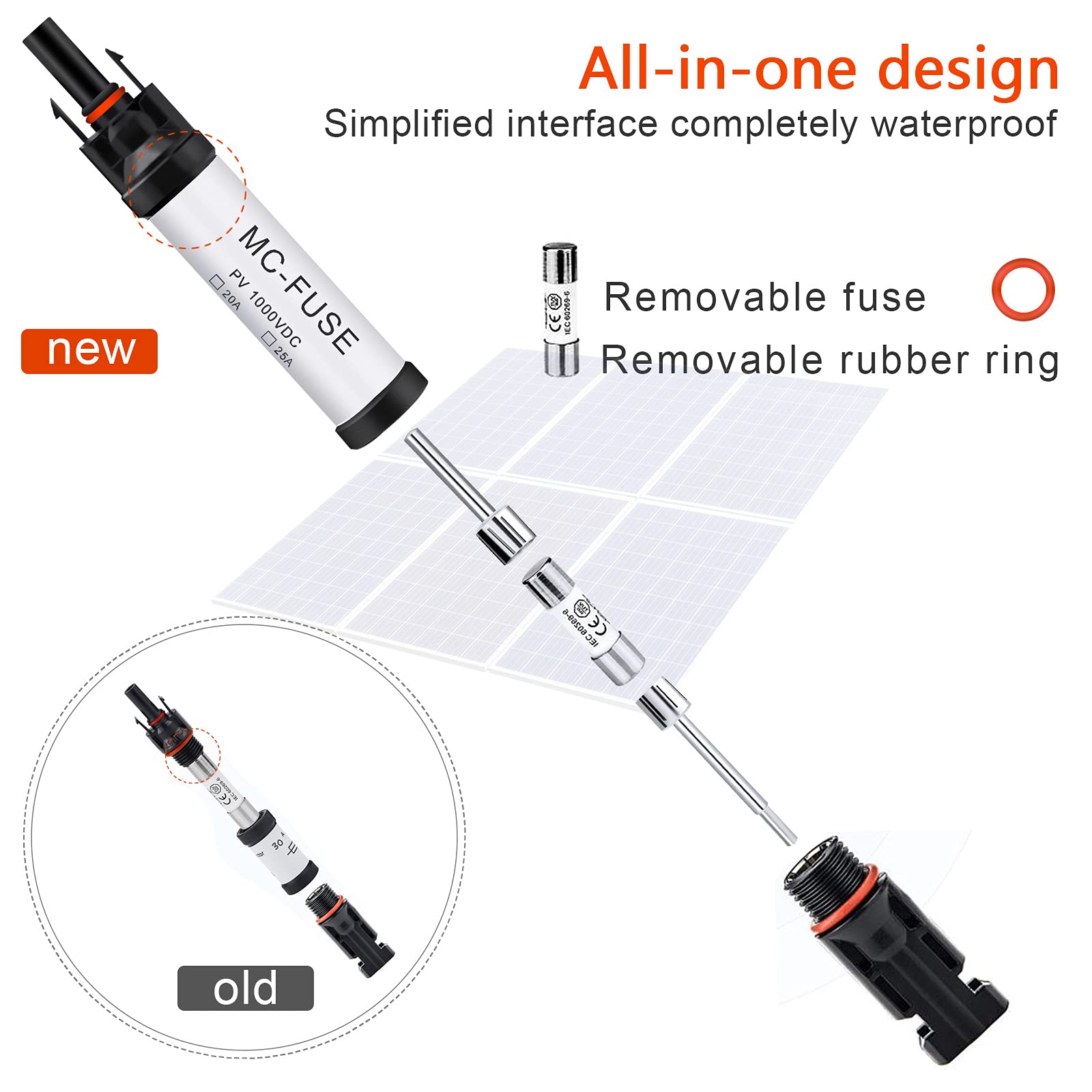 Produktbild von Solar-PV Sicherungsstecker – Männlich/Weiblich, IP67 Wasserdicht, Für 1000 V DC, Mit Blockierdiodenhalter