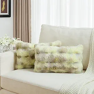 FUTEI Green White Decorative Throw Pillow Covers 12x20 Inch Set of 2,Soft Fuzzy Faux Rabbit Fur Pillow Case with Raised Texture,Neutral Boho Home Decor for Couch Bed Living Room