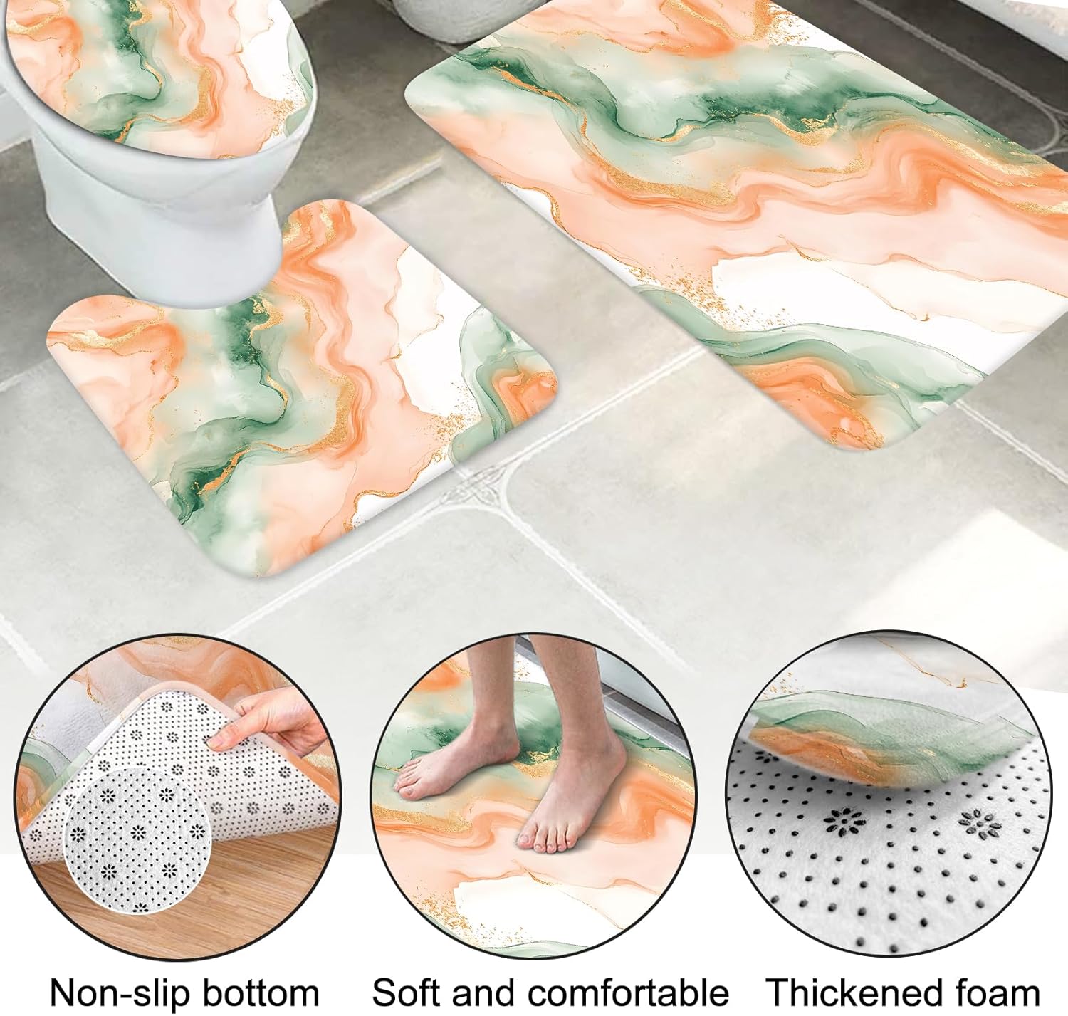 Lnond 4Pcs Marble Bathroom Sets with Shower Curtain and Rugs, Orange Green Marble Modern Art Bathroom Shower Curtain Sets with Rugs and Accessories