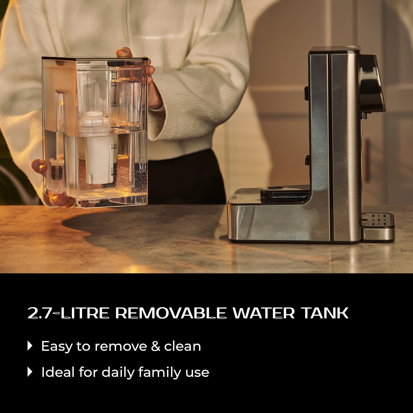 SORSO Flow - Dispenser di acqua calda con regolazione della temperatura, bollitore per tè, purificazione dell'acqua per alimenti per bambini, 2,7 l, 2600 W, 40-100 °C, argento
