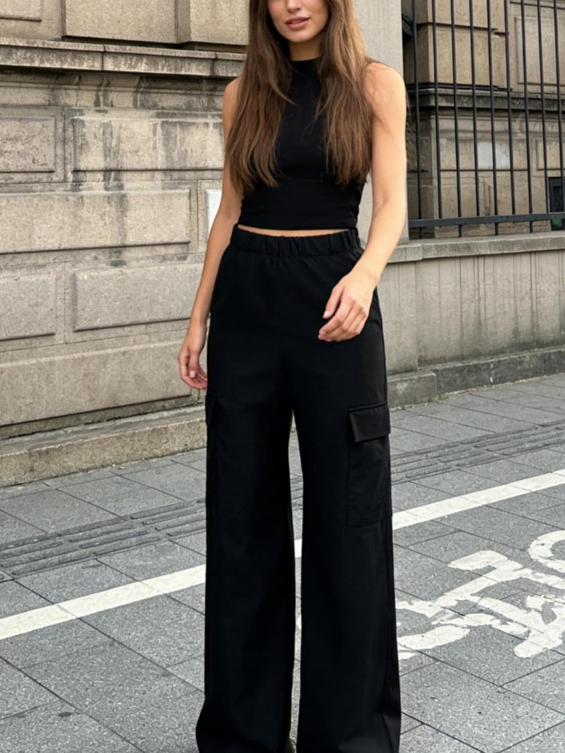 OYOANGLE Women's Skinny Flap Pocket Baggy Cargo Pants Elastic High Waist Flared Legging Pants - Image 5