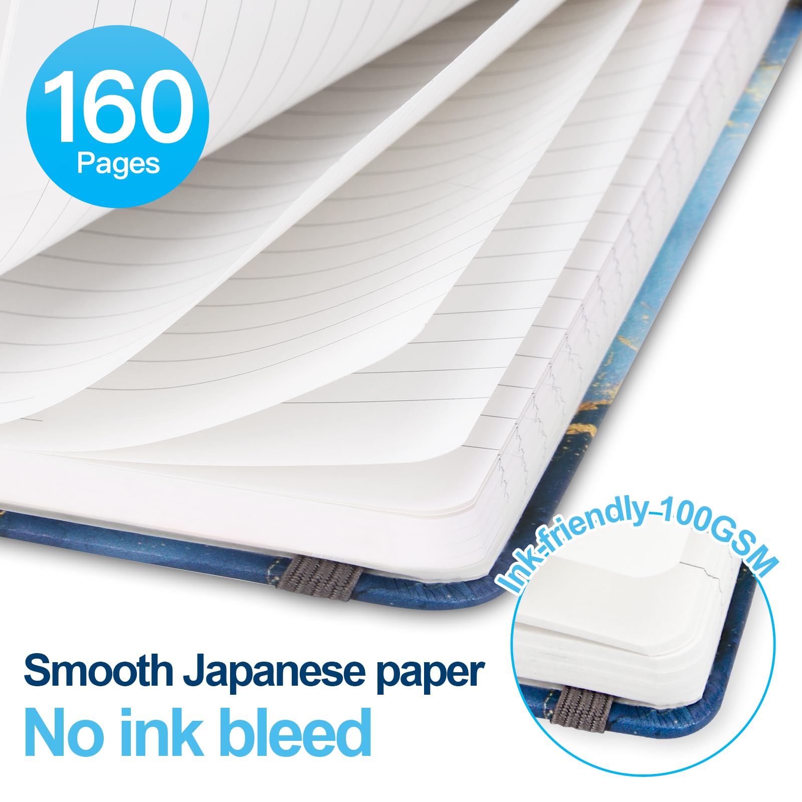 Diario a righe, formato A5 (6 x 8), copertina rigida in pelle PU con carta giapponese, 160 pagine, design blu marmo, regalo per donne e uomini, lavoro e prendere appunti