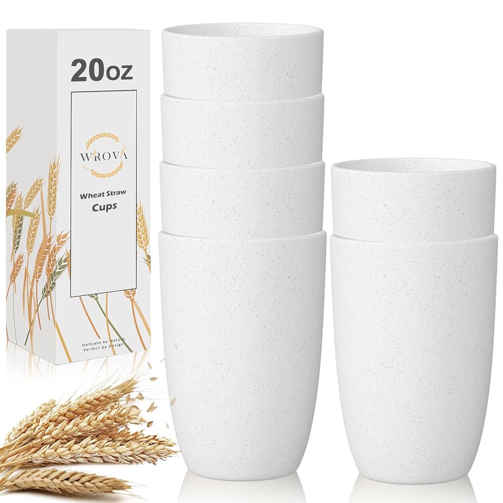 Wrova Wheat Straw Cups 6 Set of 6 Good Alternative to Plastic Reusable Cups 20 oz Unbreakable Drinking Cup Reusable Dishwasher Safe Water Plastic Glasses - White