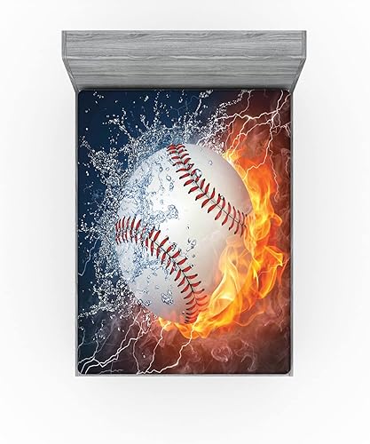 Miniatura 3 de Lunarable Sábana bajera deportiva, pelota de béisbol y salpicaduras de agua, estampado temático de arte creativo, funda de cama con bolsillo Azul