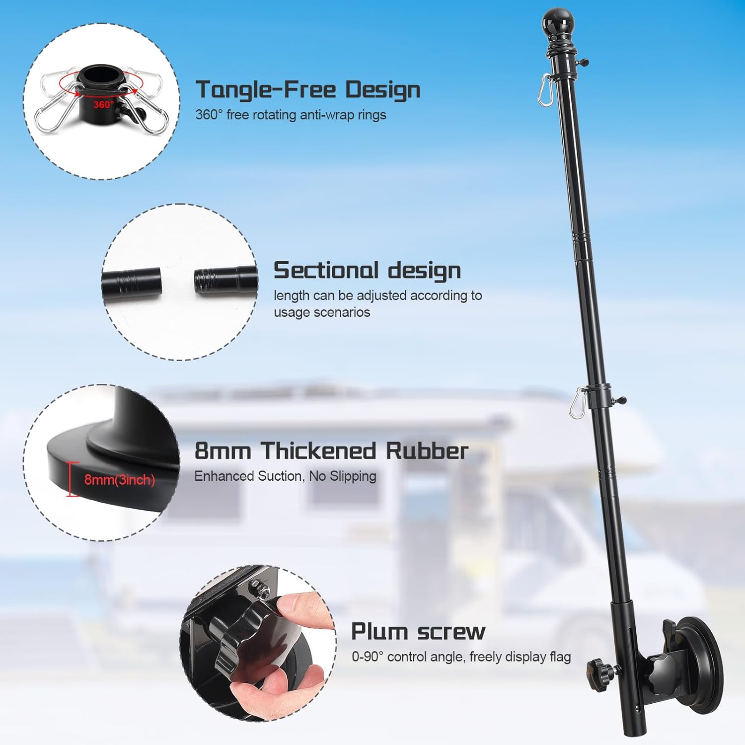 Flag Pole Kit with Suction Cup Holder - 5ft Stainless Steel Flagpole, 400lbs Suction Secure Mount with 0-90 °Adjustable Angle - No Drill, Rustproof for Outdoor Camper,Rv, Boats,Truck,Suvs