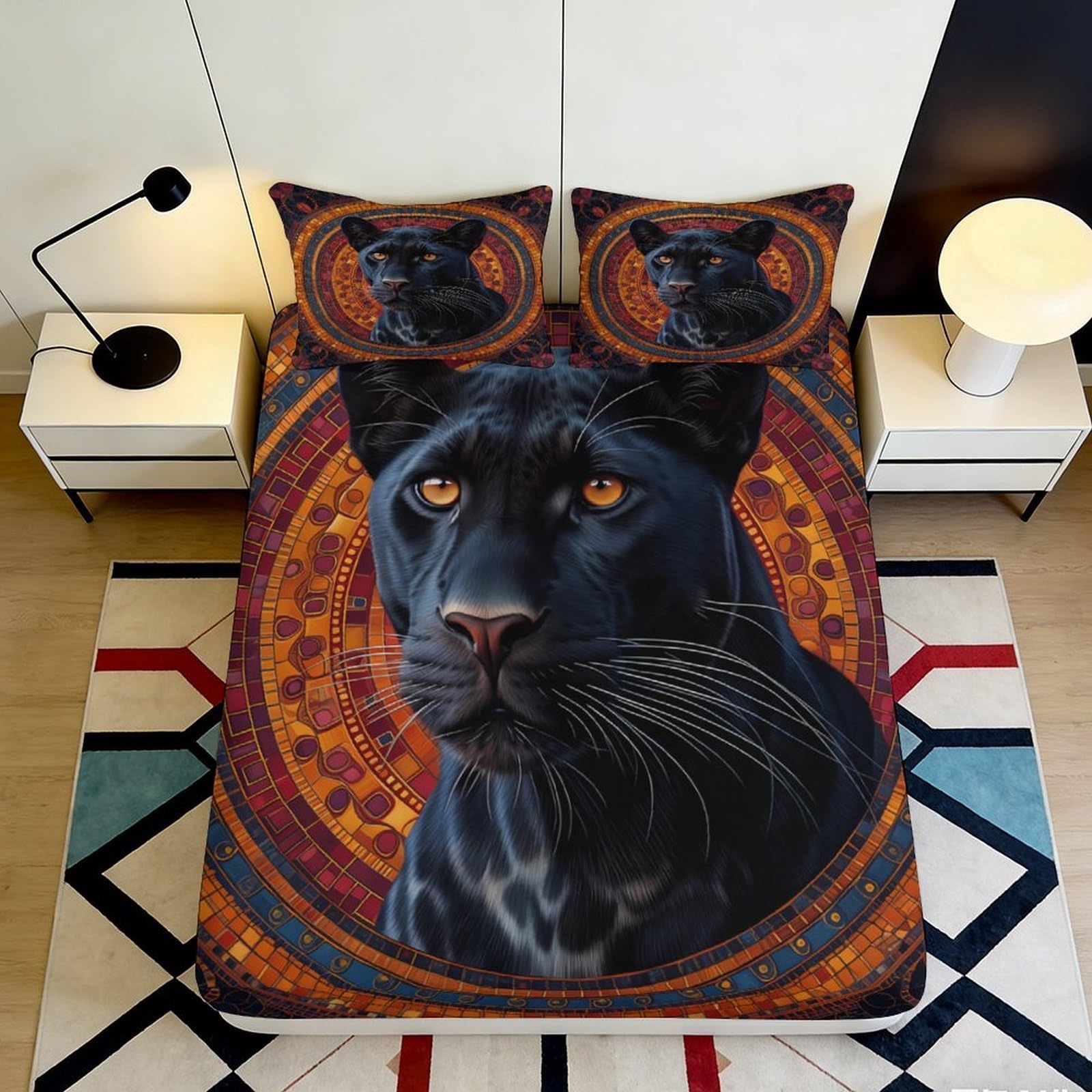 3D Printed Black Panther Fitted Sheet Microfiber Soft Orange Mandala Mattress Cover for Bedroom Dorm Decor 90x200x25cm