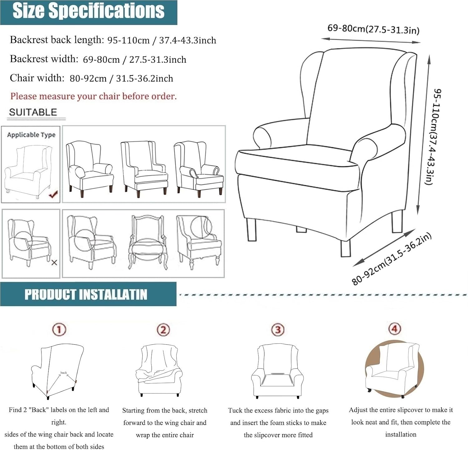 Wingback Chair Cover Slipcovers 2 Piece - Wing Back Chair Covers with Arms - Stretch Wing Chair Slipcover Furniture Protector Wing Chair Covers, Armchair Cover Chair Cover(Green)