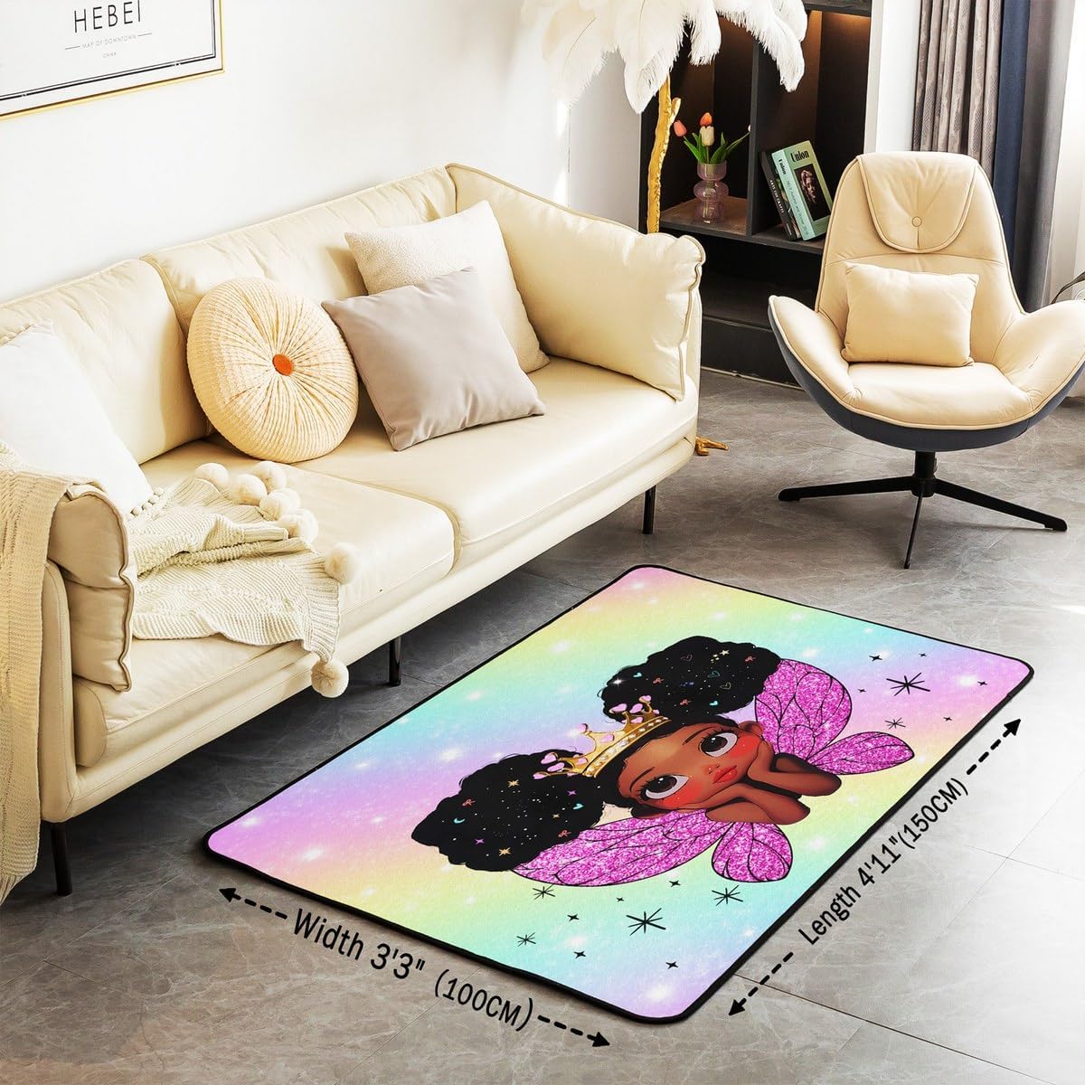 Feelyou Cute Black Girl Area Rug 3x5 African American Living Room Rugs for Bedroom for Kids Boys Girls Room Decor Princess Theme Fairy Wings Decor Carpet Indoor Floor Mat Polyester