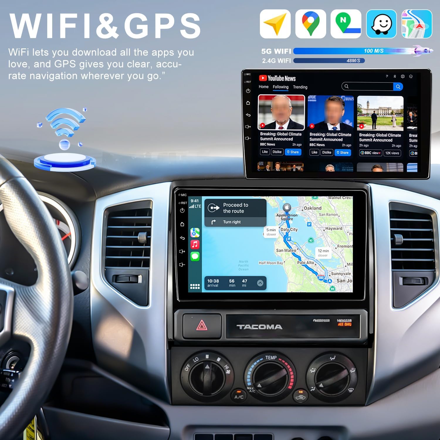 5G WiFi Upgrade Car Radio for Toyota Tacoma 2005-2015, 9 Inch Car Stereo Audio Touch Screen Replacement Head Unit with Wireless Carplay Android Auto GPS Navigation Bluetooth FM DSP SWC Backup Camera