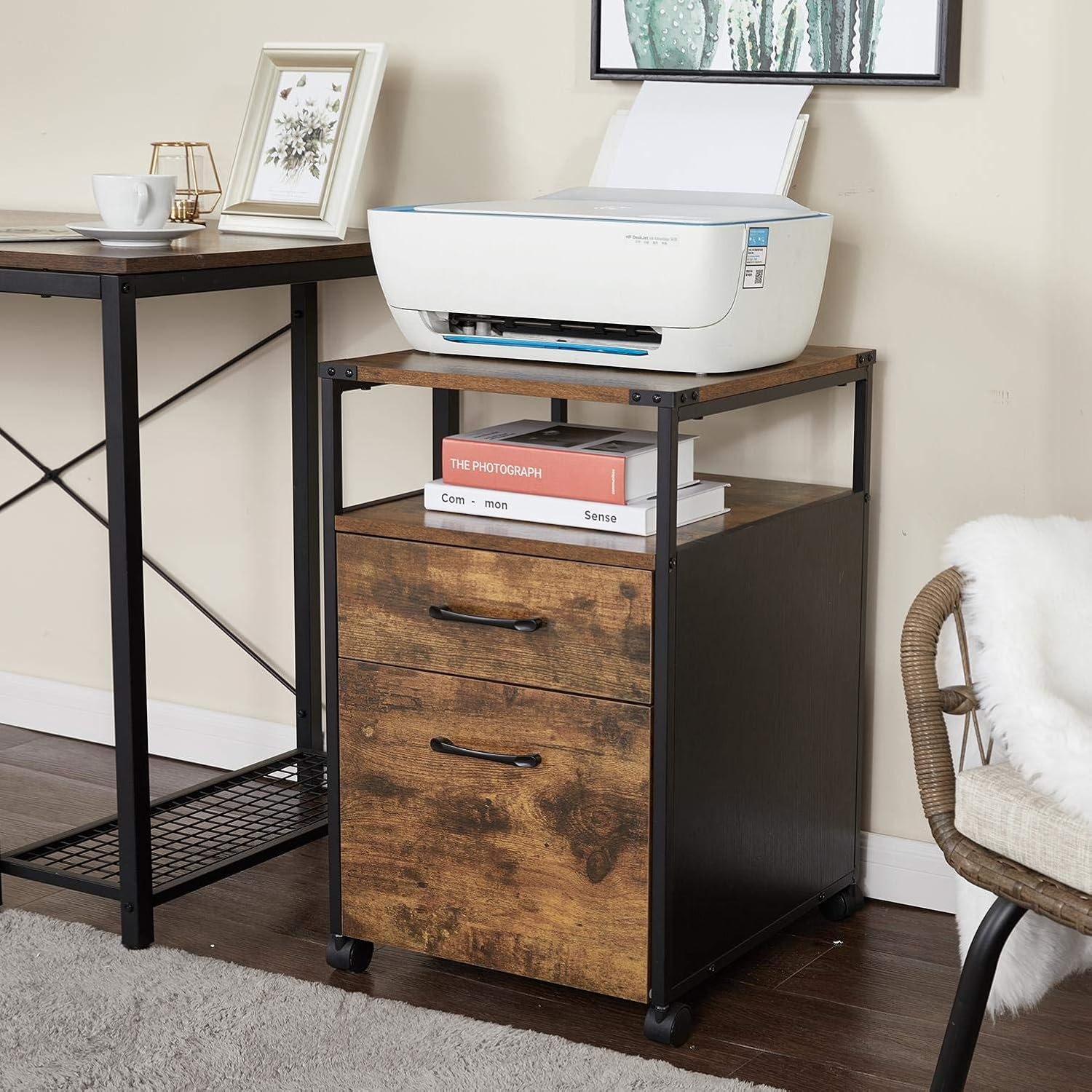Rolling File Cabinet on Wheels,Wood Mobile Office Cabinet Filing Cabinets for Home Office 2 Drawer Printer Stand with Open Shelf,Storage Cabinet for A4, Letter Size, Hanging File Folders,Rustic Brown : Office Products