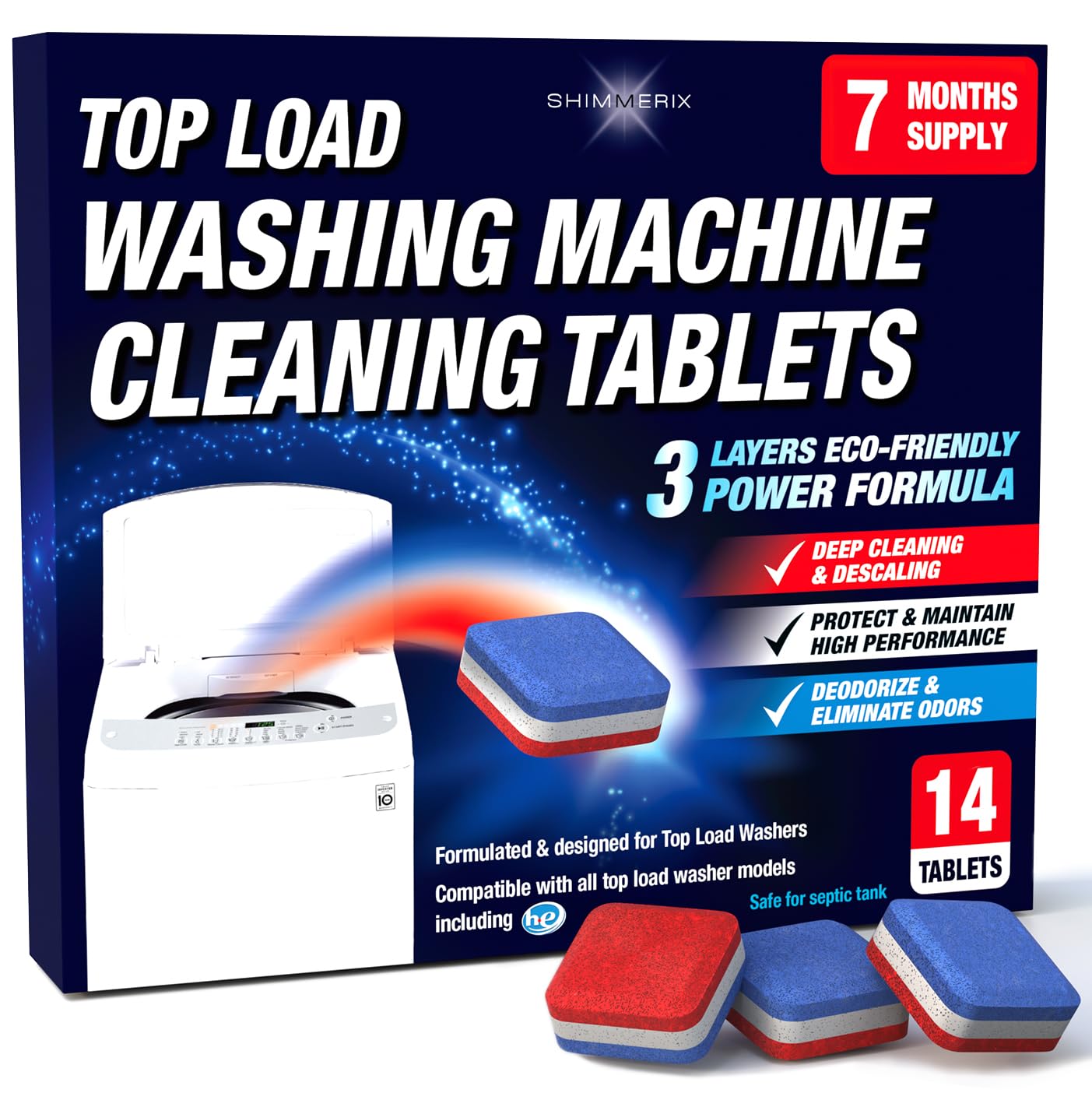 Pastillas limpiadoras para lavadora, paquete de 14 unidades para HE de carga superior, tabletas ecológicas de limpieza para lavadora, 3 capas sépticas seguras, desodorizante, protector descalcificador