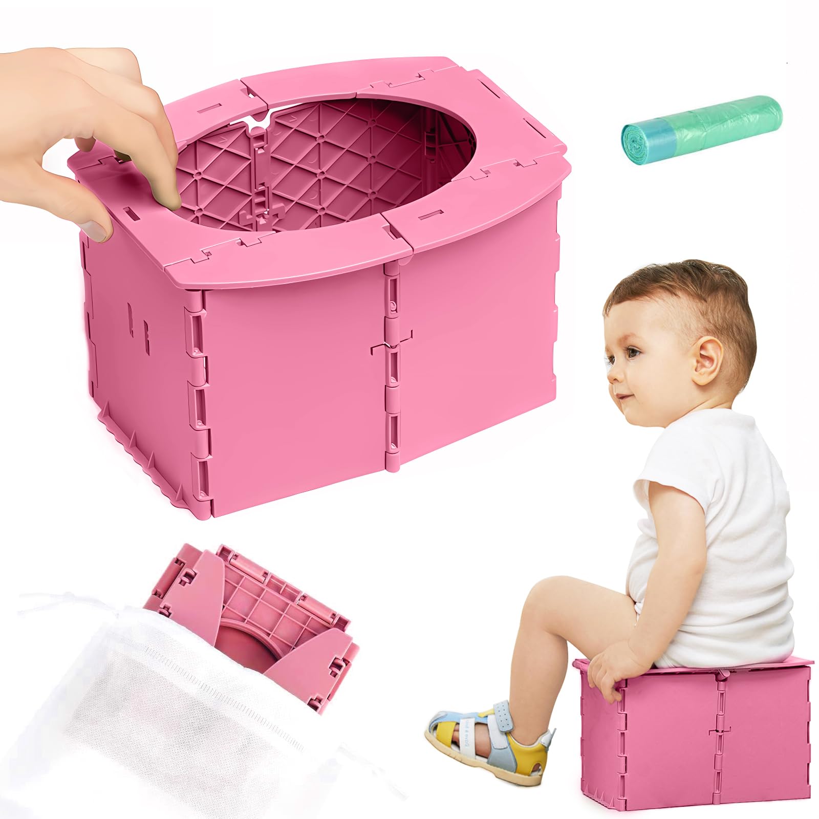 Portable Potty Seat for Toddler Foldable Travel Potty Training Toilet Seat with Cleaning Bags Reusable for Outdoor Camping