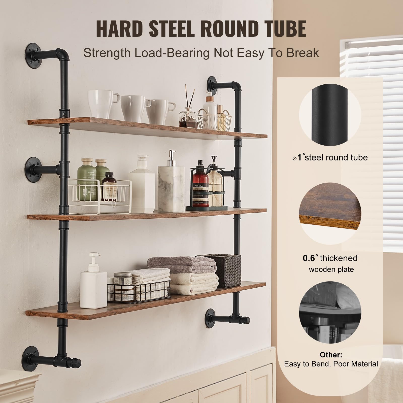 Lot De 3 Étagères Murales Flottantes Avec Rebord - Bois Et Métal Noir - 3 Tailles - Pour Salon, Cuisine, Salle De Bain (40cm, 32.7cm, 26.5cm)