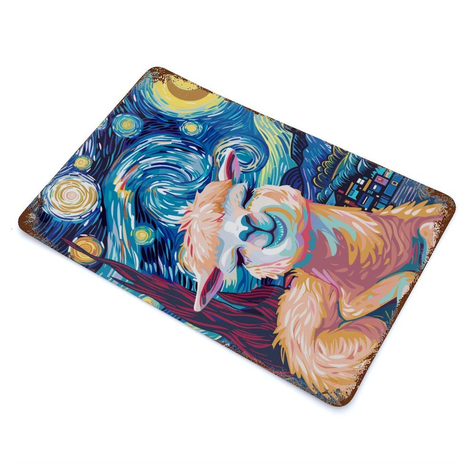 Garage Style Alpaca in Starry Night Style Rust Effect Tin Sign 11.8"x7.9", Farmhouse Wall Decor for Bar And Workshop