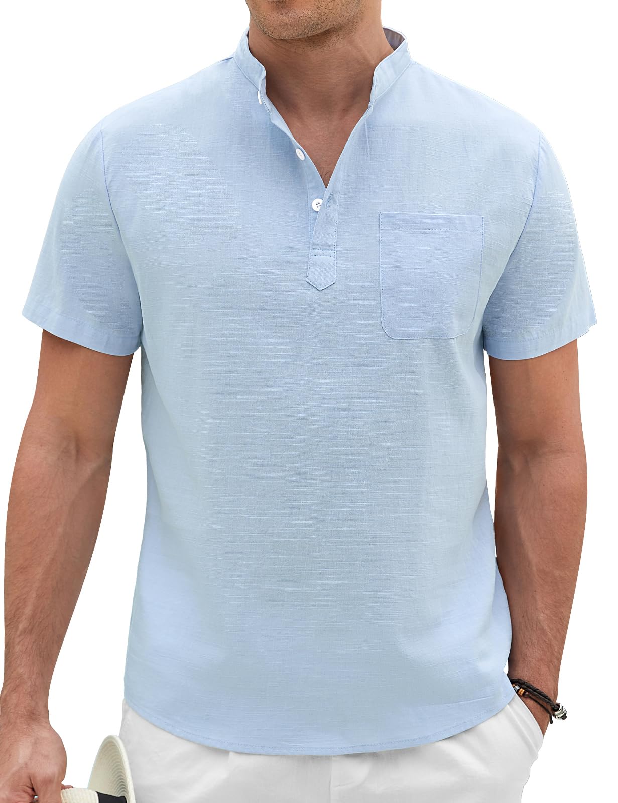 Voqeen Camisa Lino Hombre Henley Camisas Manga Corta Casuales para Verano Sin Cuello Abotonadas Tshirt Camisetas De Playa con Bolsillo