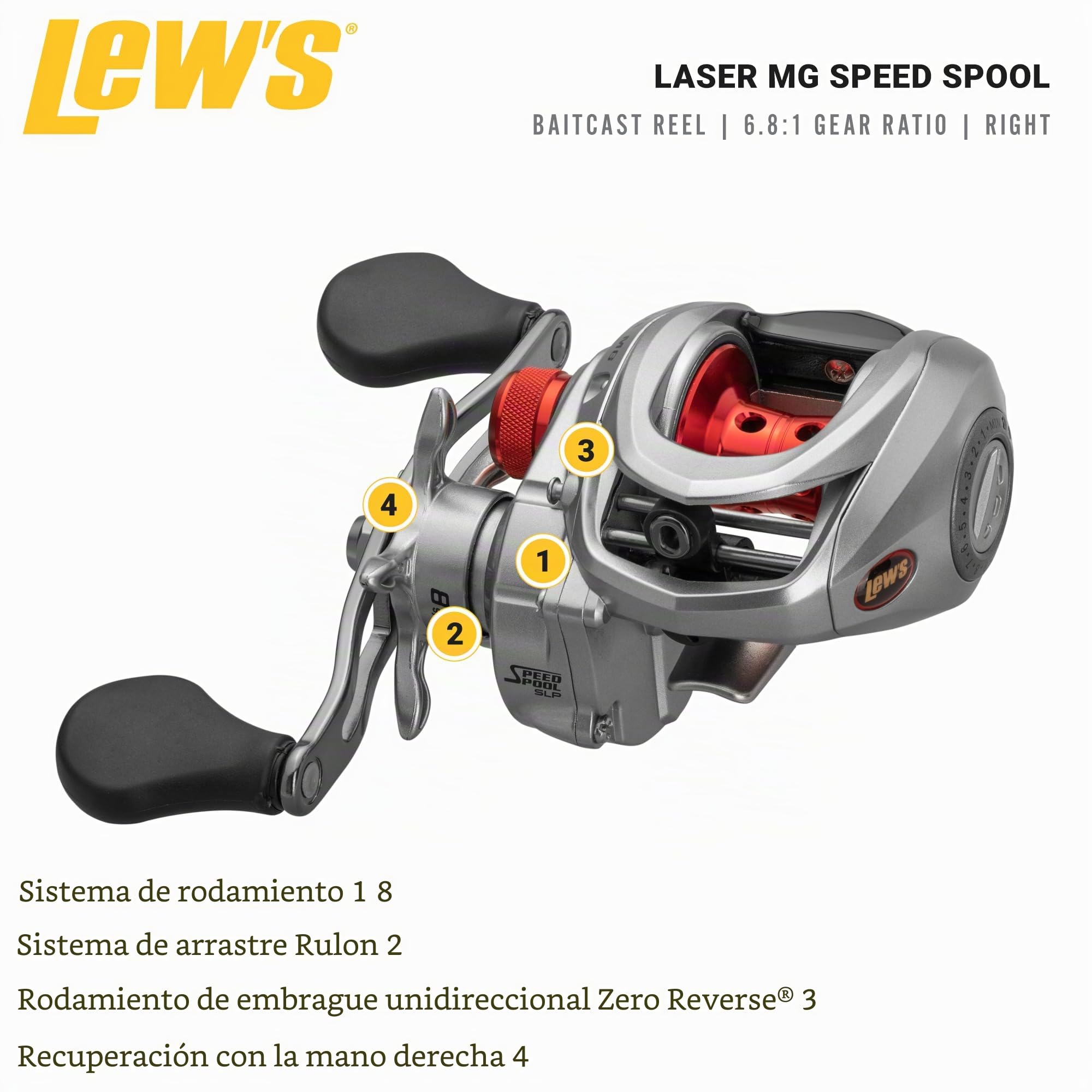 Lew's Laser MG Speed Spool SLP Baitcast - Carrete de Pesca, Marco de Grafito, Sistema de 8 rodamientos con rodamientos de Bolas de Doble blindaje de Acero Inoxidable