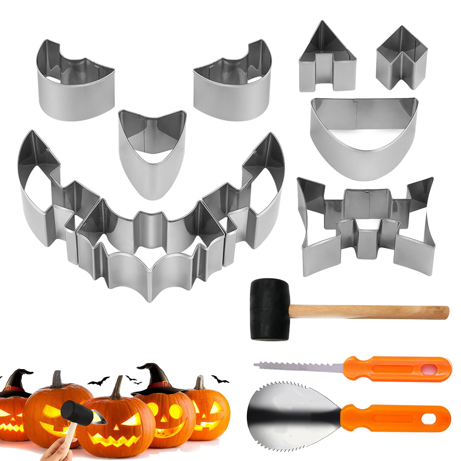 PeiDog 13 Pcs Halloween Pumpkin Carving Set,Professional Stainless Steel Pumpkin Carving Stencils, DIY Pumpkin Carving Templates with Scoop/Cutter/Wooden Hammer for Halloween&Christmas