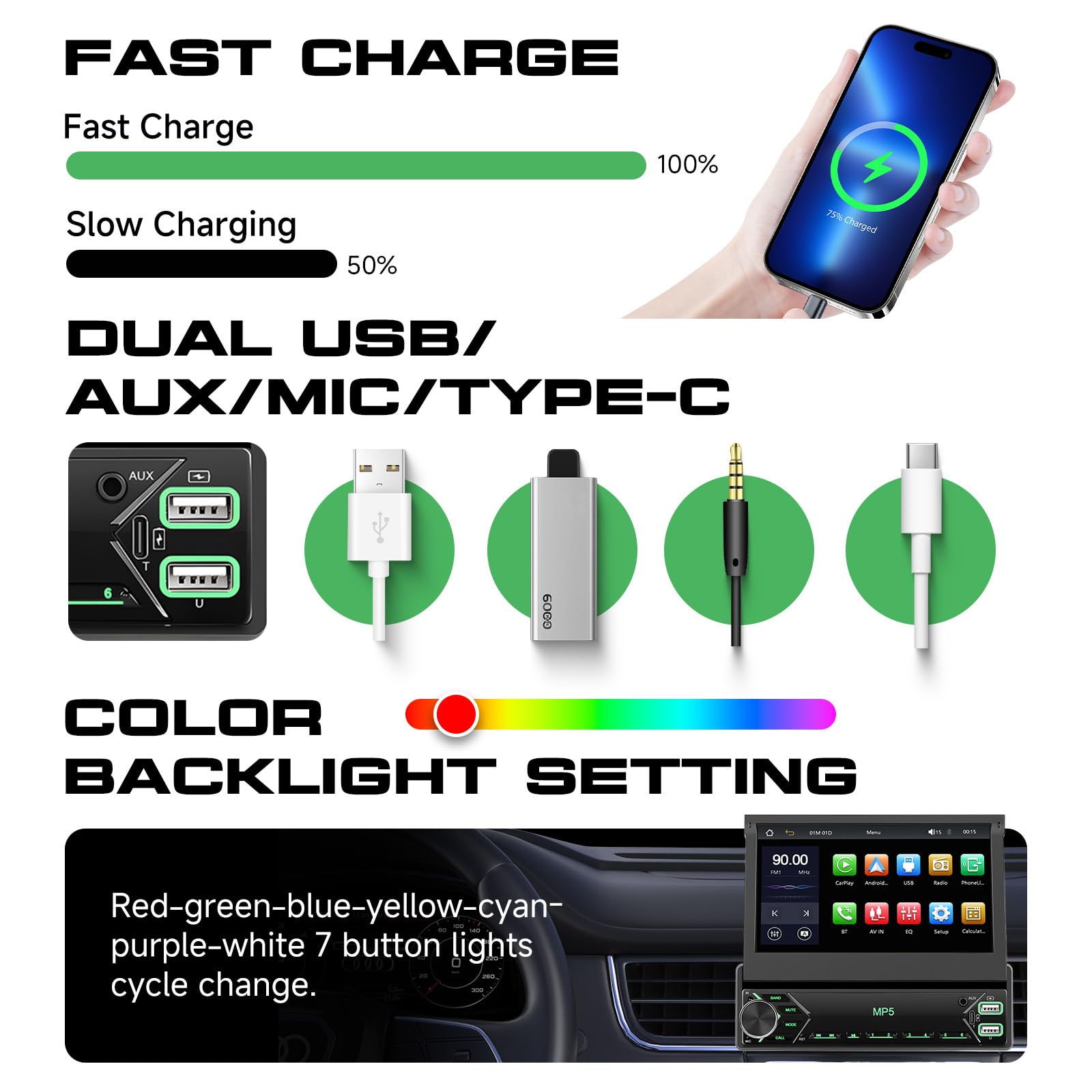 Dab Autoradio 1 Din avec Ecran Retractable de 7 Pouces, Hodozzy Écran Tactile Radio 1 Din avec sans Fil Carplay Android Auto, Bluetooth, Lien Miroir, EQ, FM, SWC, USB, Type-C + Caméra de Recul et MIC