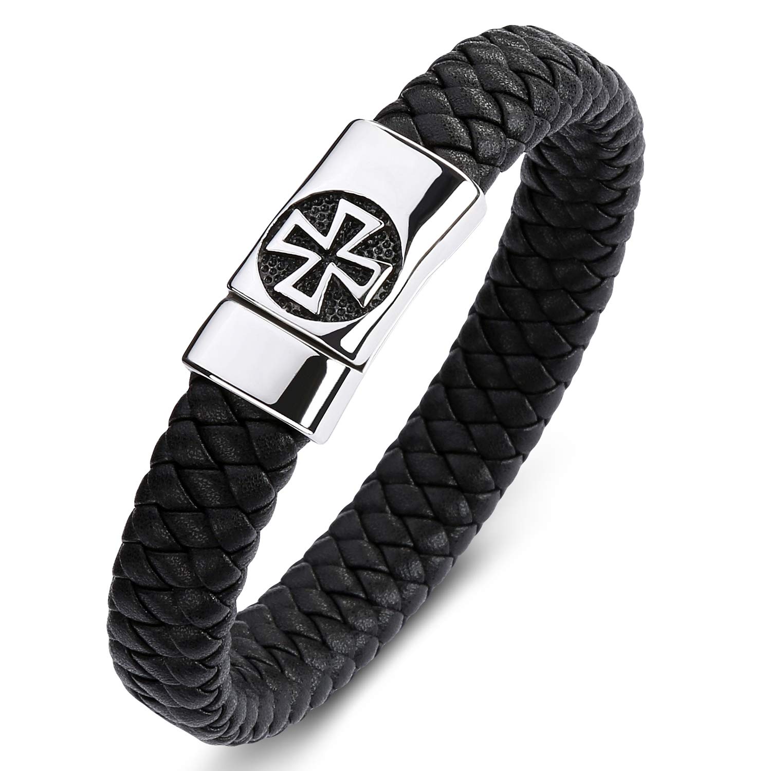 AIZUAIZU Braided Leather Wrap Bracelet - Black Brown Genuine Woven Leather Bracelet with Stainless Steel Magnetic Clasp for Men's Wristband Cuff - Mens Cross Christian Bracelet Leather