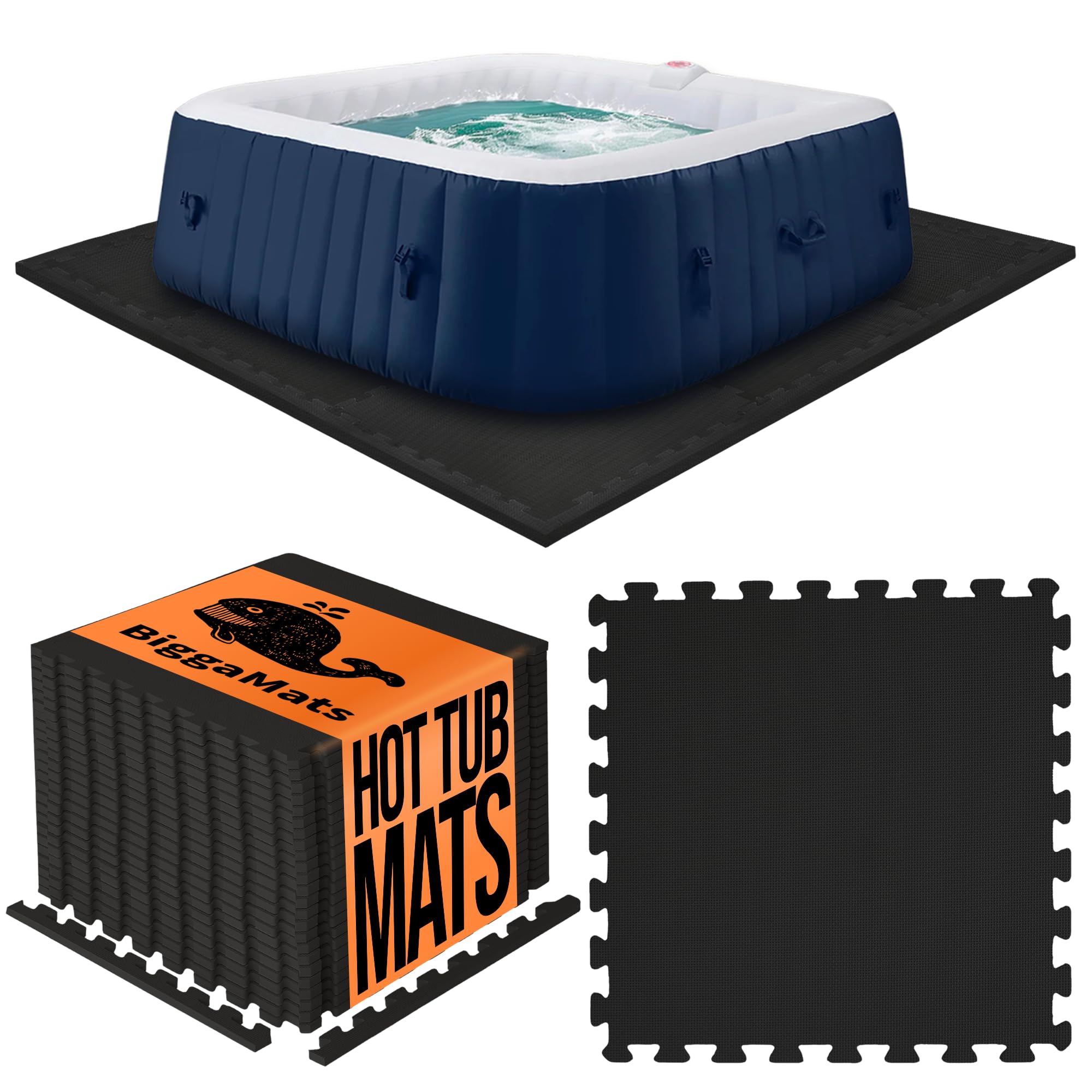 BIGGAMATS EVA Foam Hot Tub Mat | Black Non-Slip Interlocking Pool Mats | 50 x 1.4 cm Waterproof Outdoor Mats for Hot Tub, Spa & Paddling Pool | Pack of 16