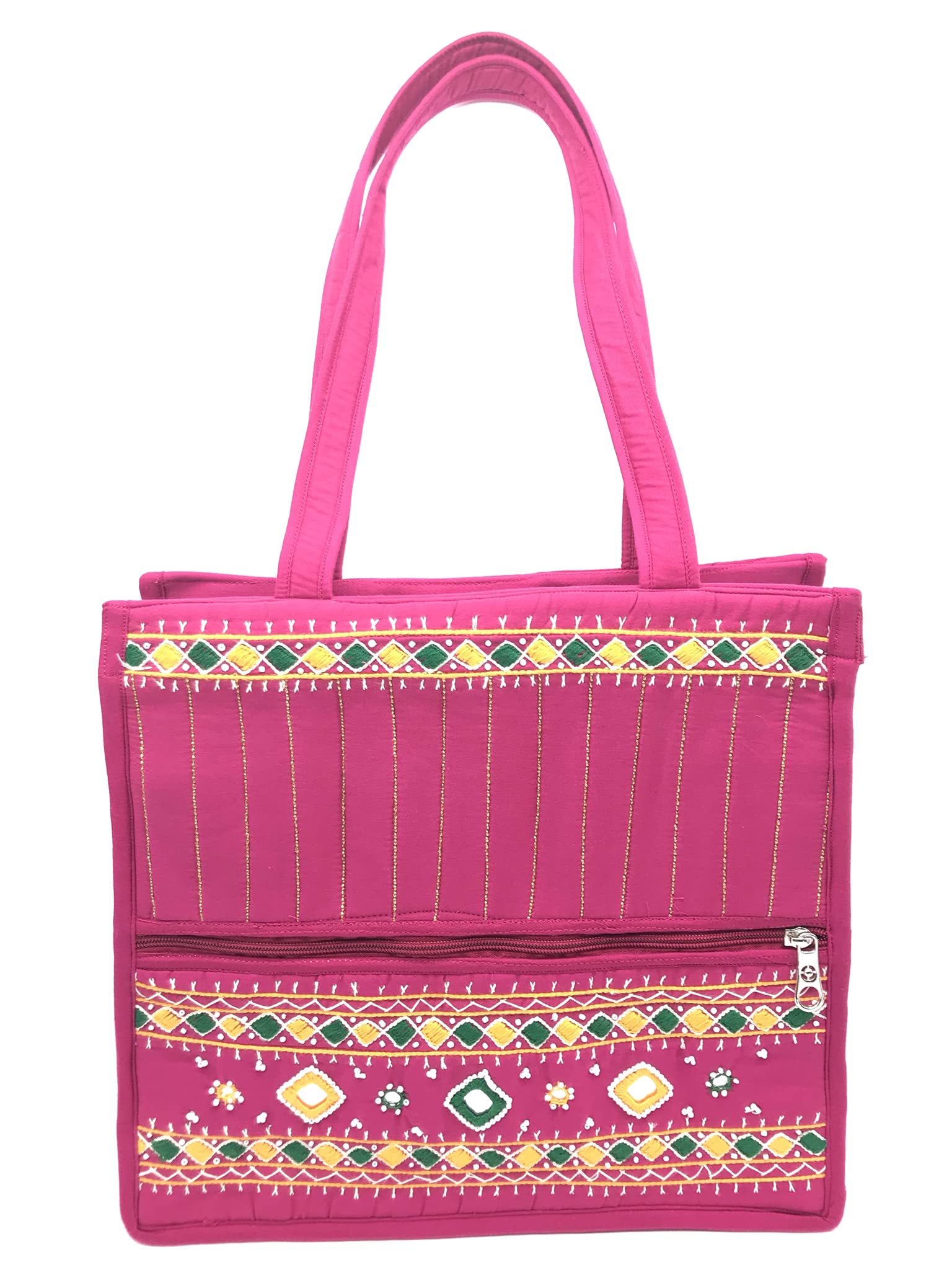 srishopify handicraftsSriShopify Handcrafted Traditional Women’s Handbag Banjara Quilted Premium Shoulder bag | Tote bag Cotton handmade (Big size 12x13x5 inch Beads thread Work Mirror Embroidery)