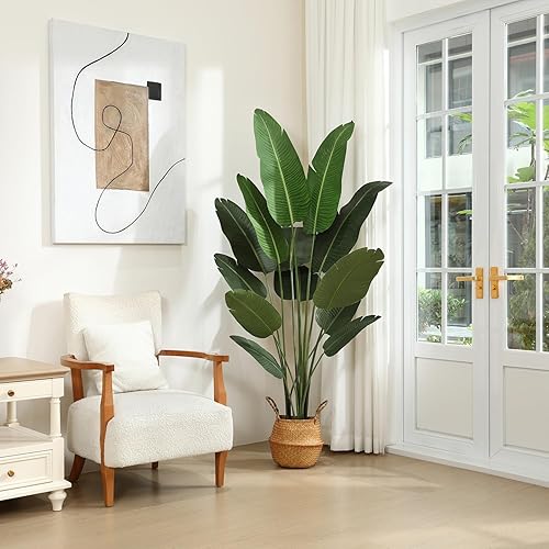 Miniatura 7 de Ferrgoal Plantas artificiales de pájaro del paraíso de 6 pies de palmera tropical falsa con 13 troncos en maceta y cesta tejida para el vientre de