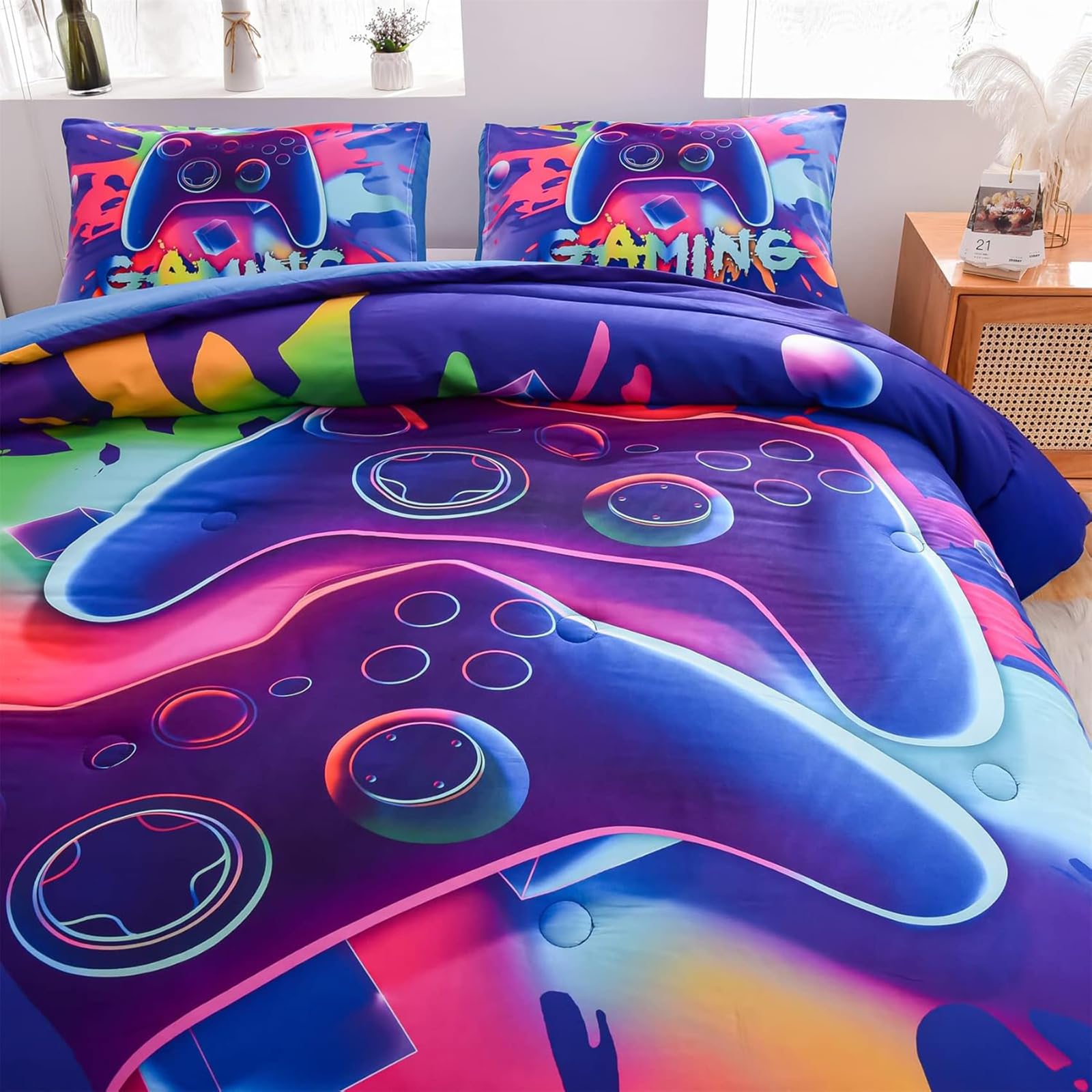 Tabeskly Boy Kids Blue Gaming Gamepad Gamer Soft Zipper Bed Bedding Duvet Cover Set Double Colorful Purple 200×200cm - Image 3