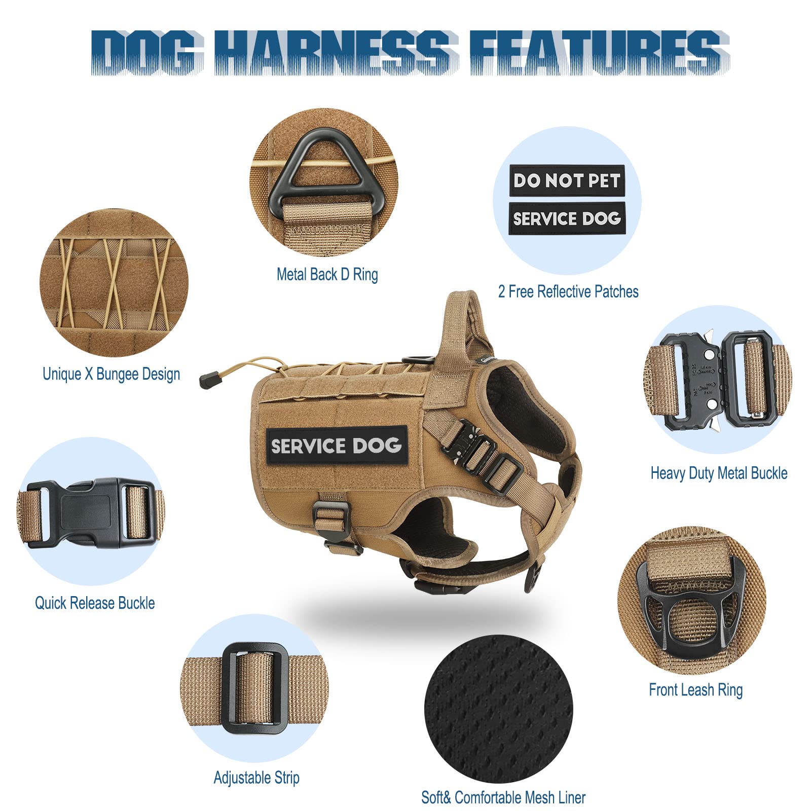 PETNANNY Arnés táctico para perro, arnés para perros de servicio, chaleco de apoyo emocional para perros medianos y grandes, chaleco ESA para perros sin tirones con gancho y bucle, chaleco Molle de