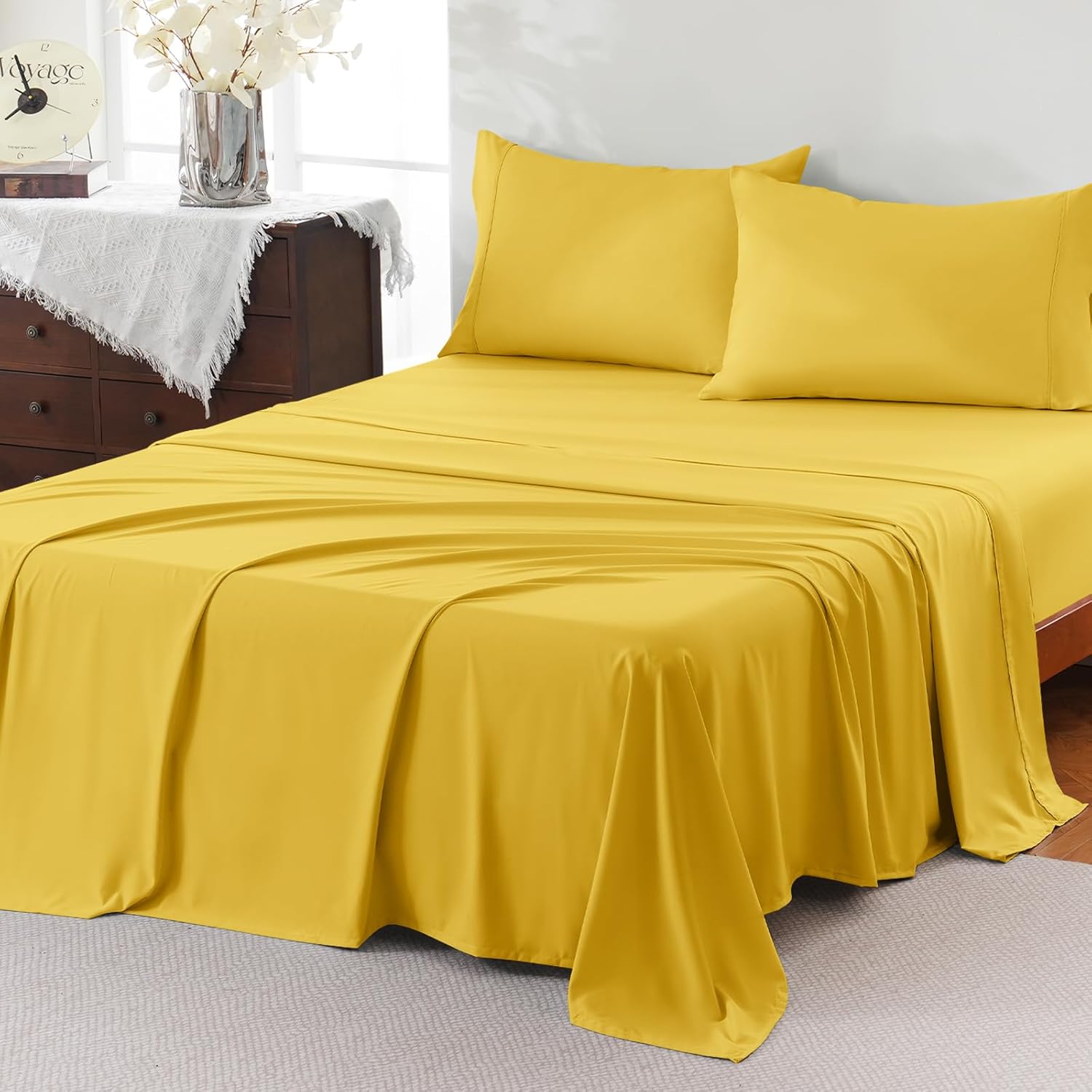 Queen Sheet Set,4 Pieces Hotel Luxury Breathable Soft Microfiber Bedsheets, Anti Pilling Deep Pockets Easy Care Bed Sheets, Yellow
