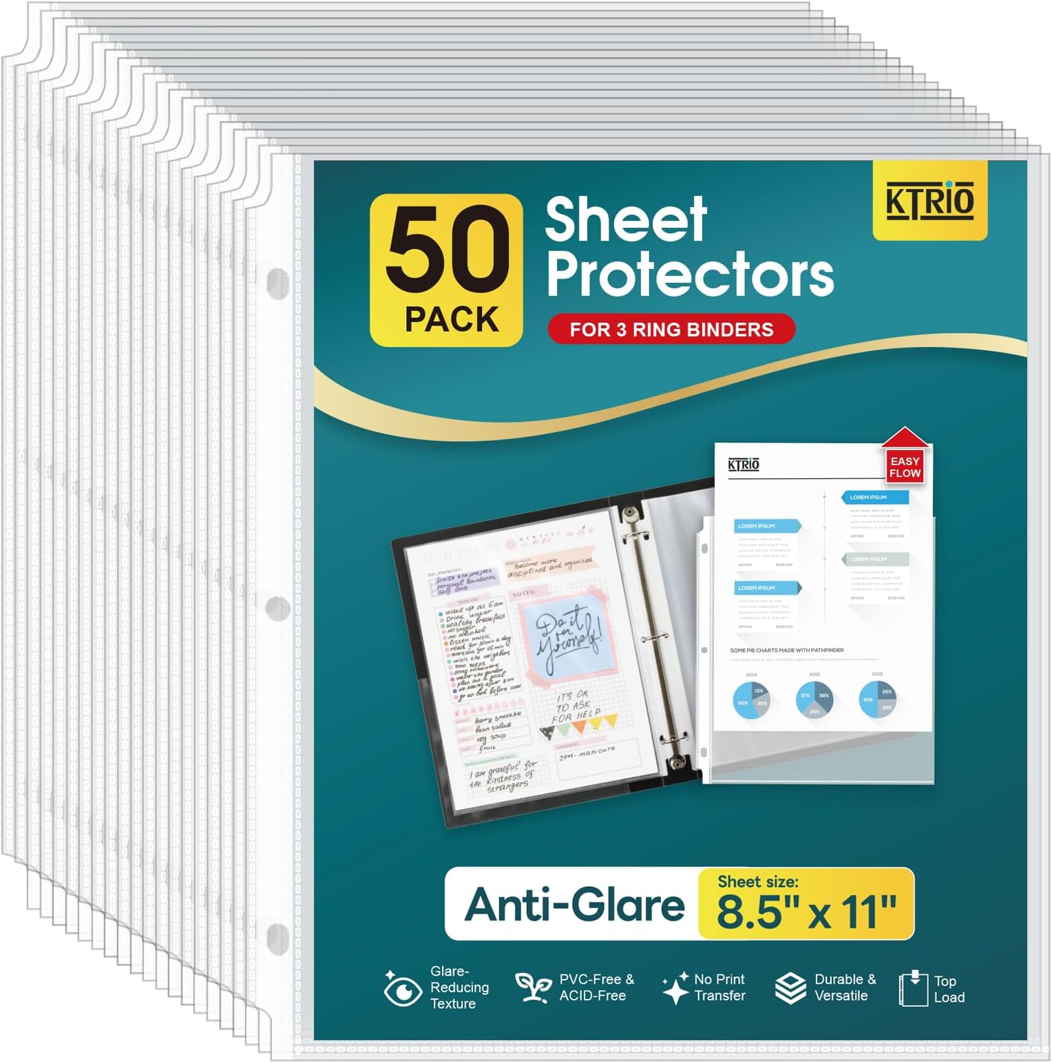 Ktrio Non-Glare Sheet Protector 8.5 x 11 Inches Clear Page Protectors, Plastic Sleeves for Binders, Paper Protector for 3 Ring Binder Acid Free Letter Size Top Loading, 50 Pack