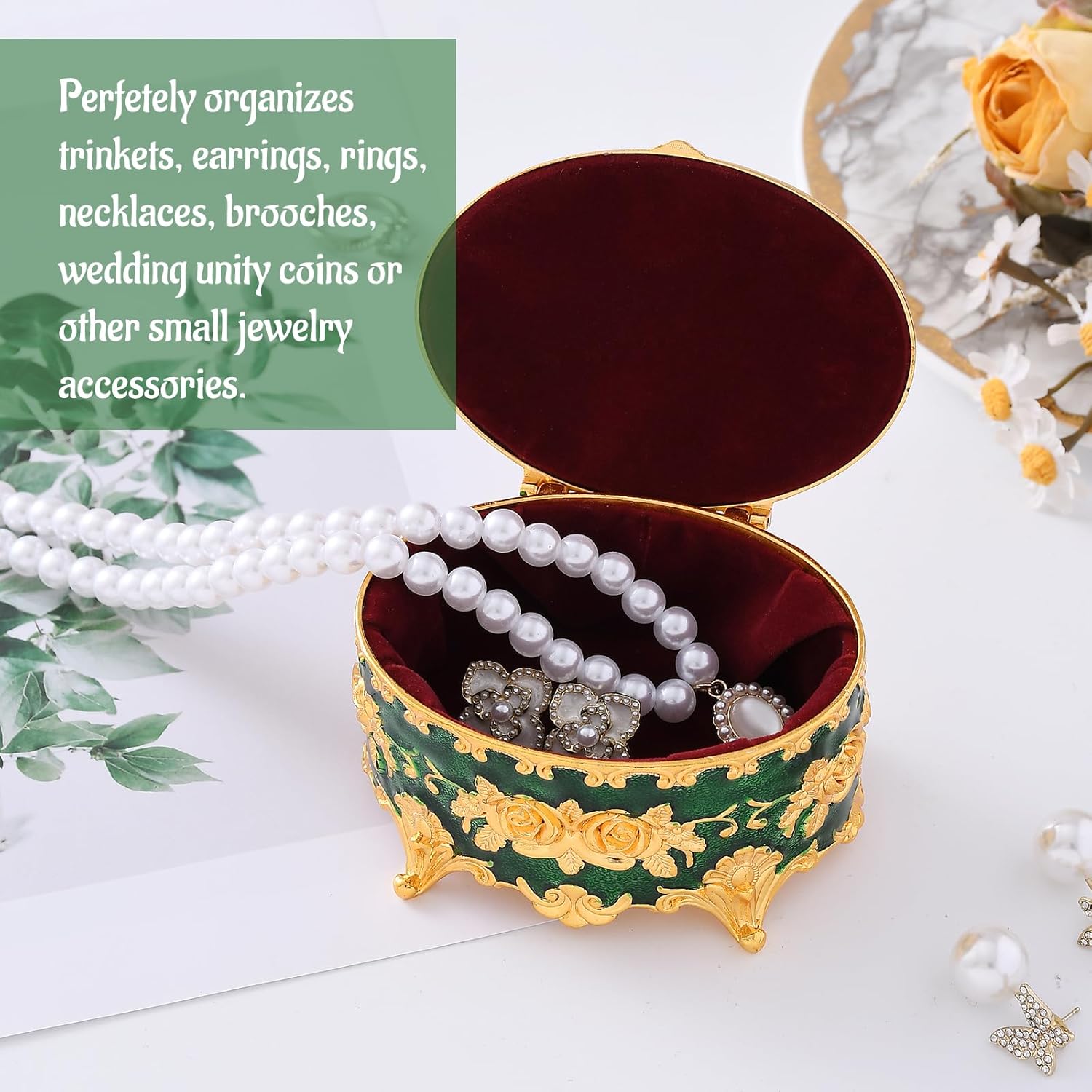 Vintage Jewelry Box, Gold Oval Treasure Ring Box, Metal Trinket Organizer Keepsake Box Gift for Girl Women, Green - Image 4