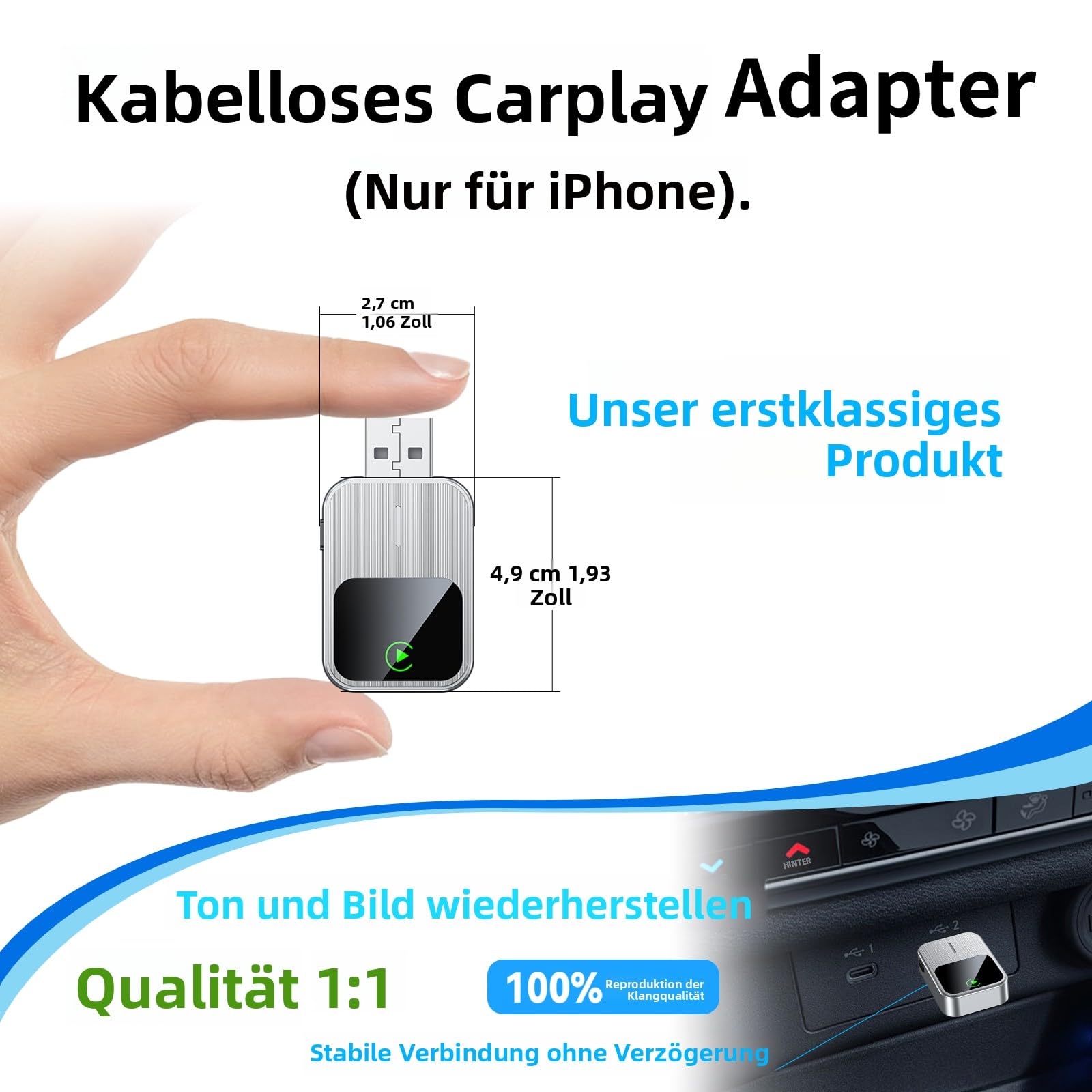 Wireless CarPlay Adapter für iPhone,Plug & Play, schnelle & stabile Verbindung, kompatibel mit Autos ab 2016, mit Reset-Taste (nur iOS)