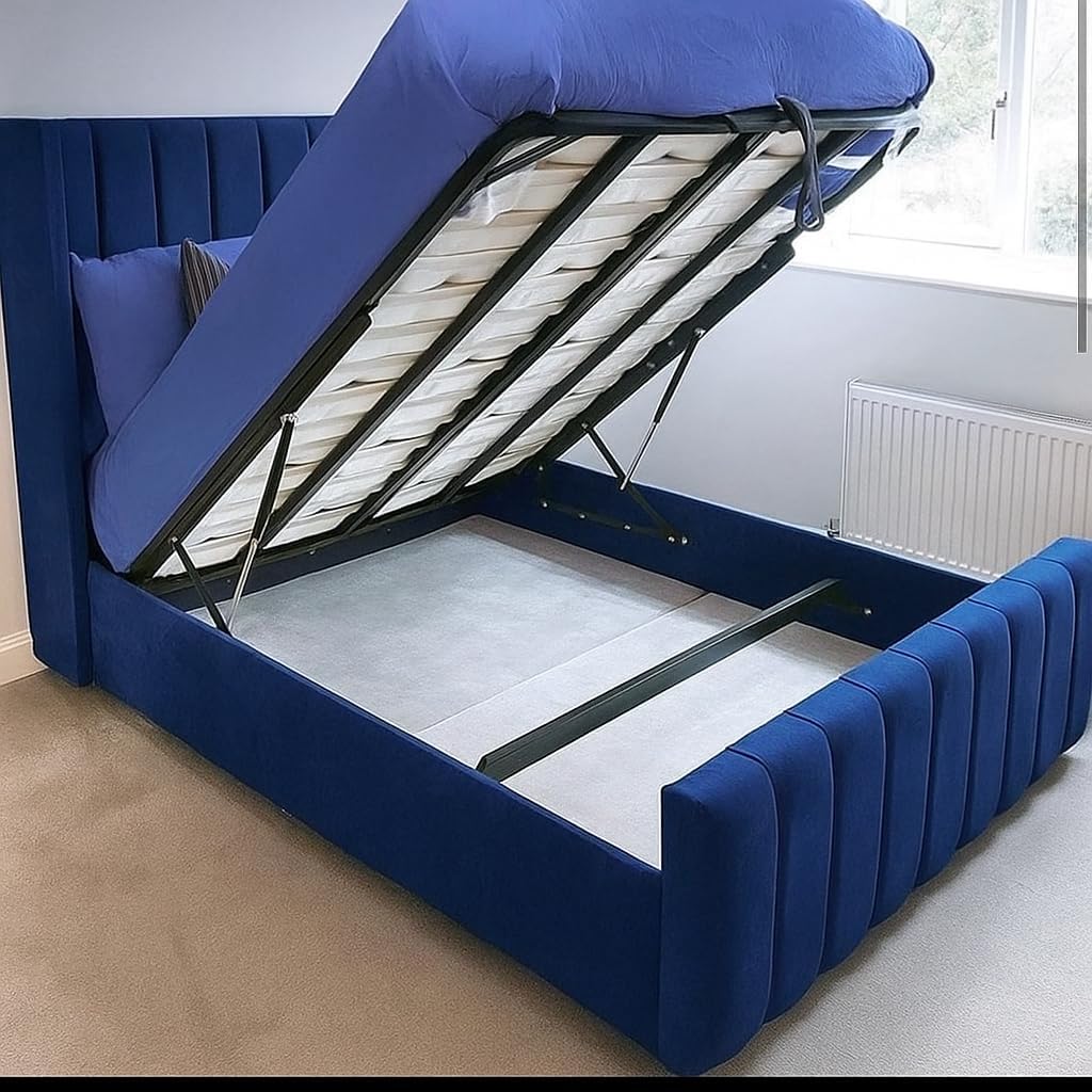 – Ottoman Bed Frame with Gas Lift Storage - Plush Velvet Upholstered - Single Double Kiing Super King - Hand Made in UK (Navy Blue Plush, Super King 6ft)