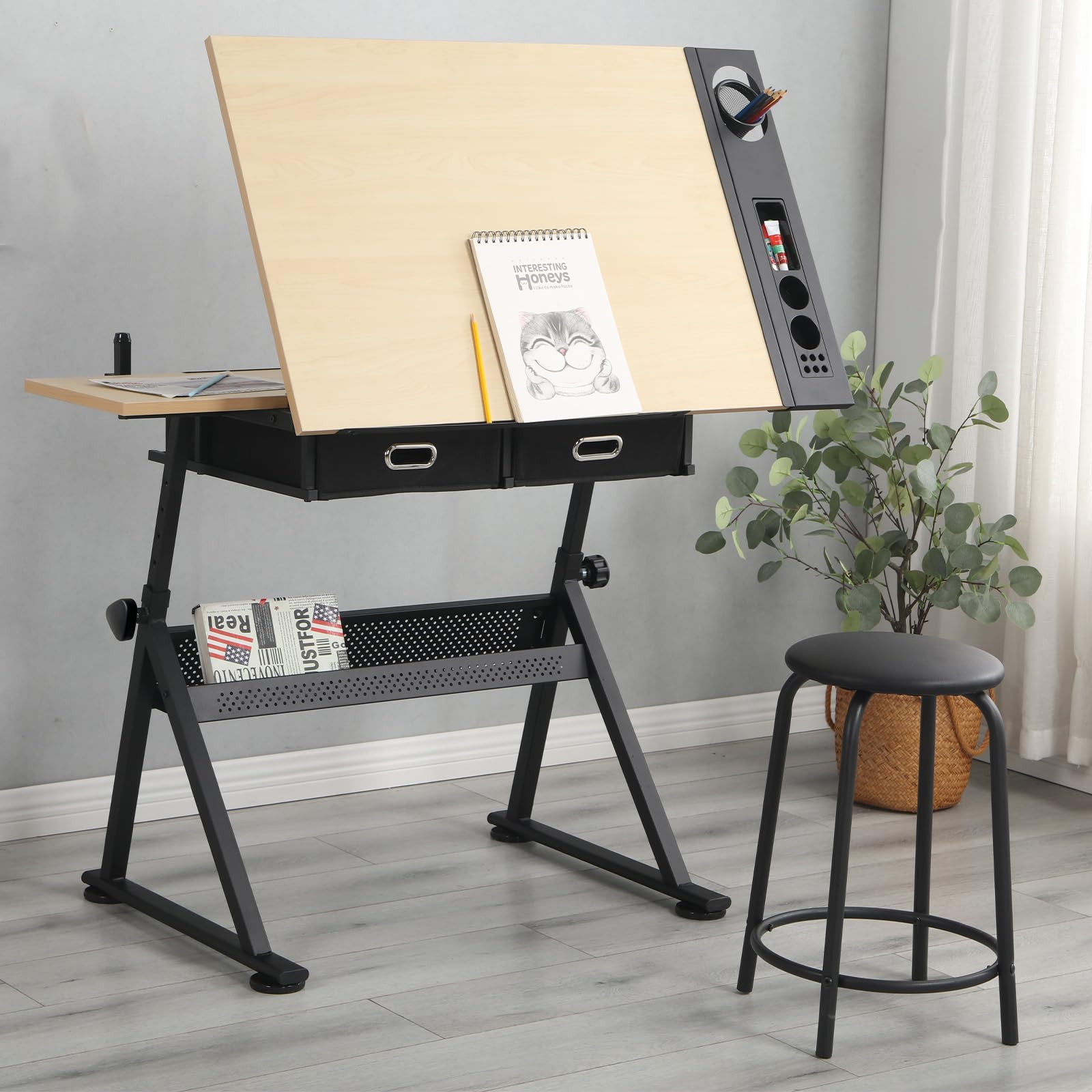 Rikmoye Height Adjustable Drafting Table, Tiltable Craft Table with Storage, Drawing Desk Metal Frame Painting Work Station with Stool and Drawers, Natural