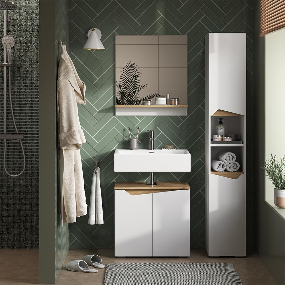 Vicco Meubles Bain Marelle, Blanc, 60 cm, composé d’Un Meuble sous-lavabo, d’Une Armoire Miroir et d’Une Colonne de Rangement