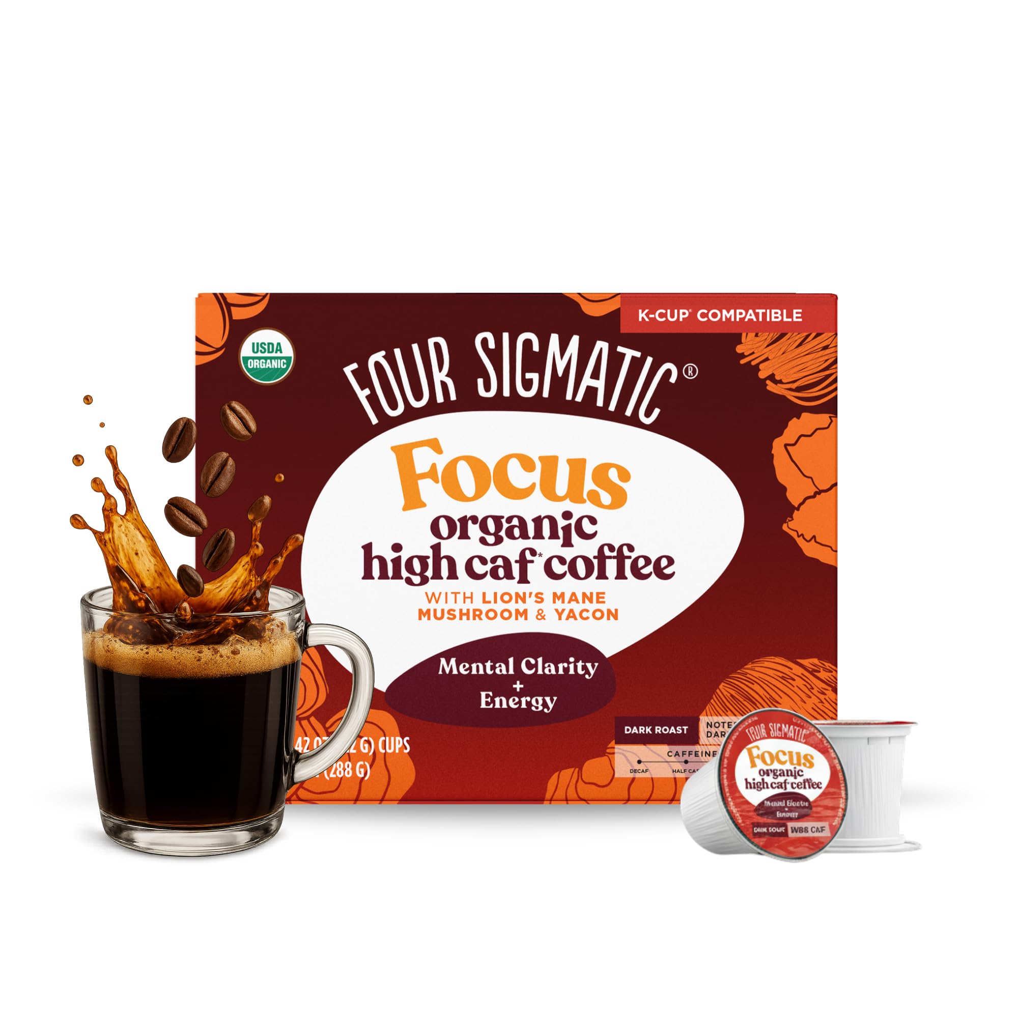 Four SigmaticHigh Caffeine Mushroom Coffee K-Cups | Organic Dark Roast Coffee with Lion’s Mane & Yacon | Focus & Immune Support | Vegan & Keto, Sustainable Pods | 24 Count