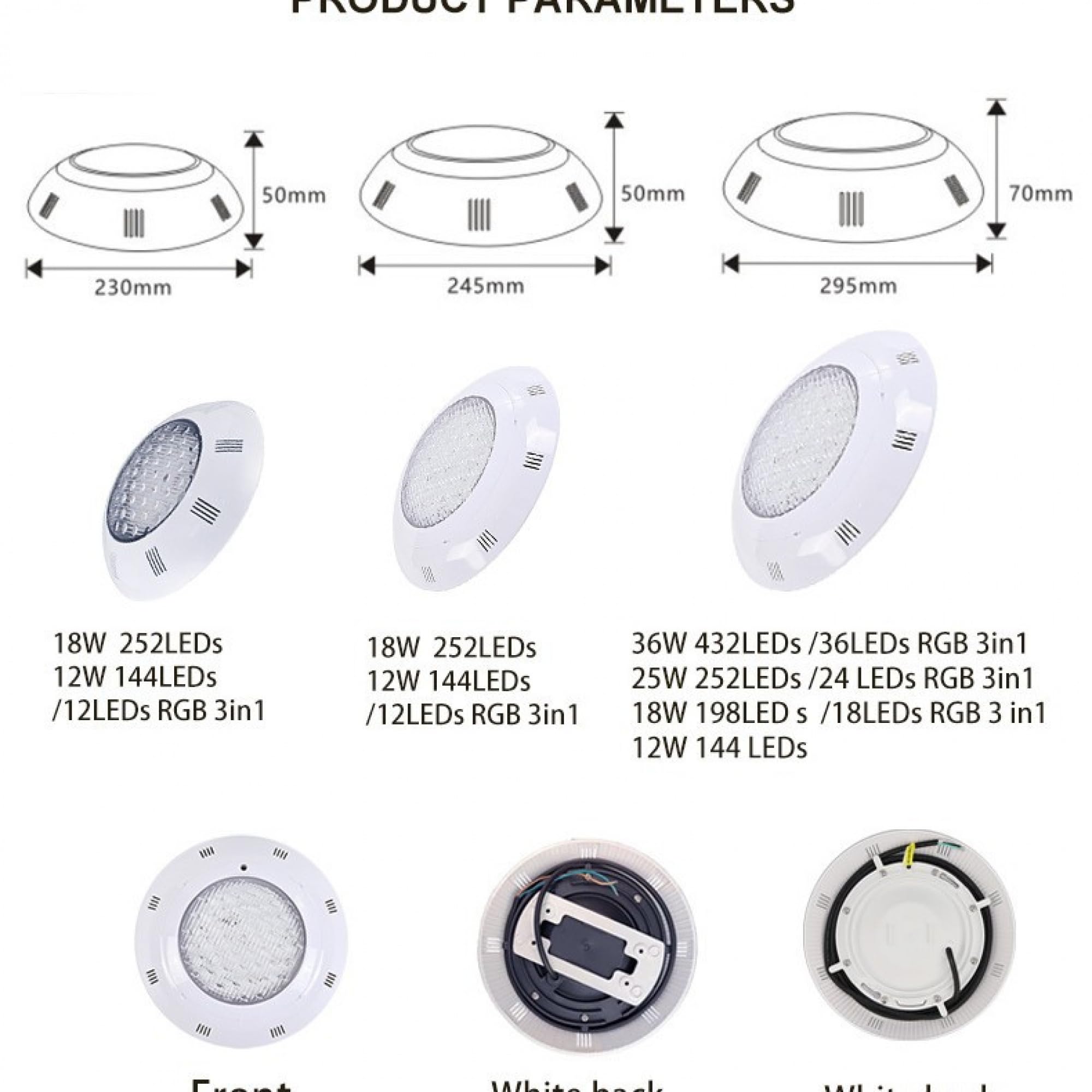 Oświetlenie basenowe RGB LED, wodoszczelność IP68, pilot RF, 12 V/24 V, 36