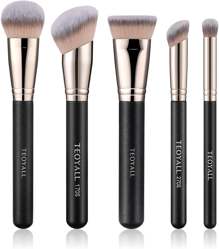 TEOYALL 5Pcs Makeup Brush Set Foundation Concealer Contour Eyeshadow | Dome Foundation, Angled Bronzer, Flat Top Contour, Slanted Concealer,Round Eyeshadow. Soft Synthetic, No streak, No shedding