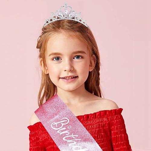 Miniatura 4 de COCIDE Fajas y tiaras de "princesa de cumpleaños" para niñas, coronas rosadas y tiaras para mujeres, kit de accesorios de fiesta de cumpleaños,