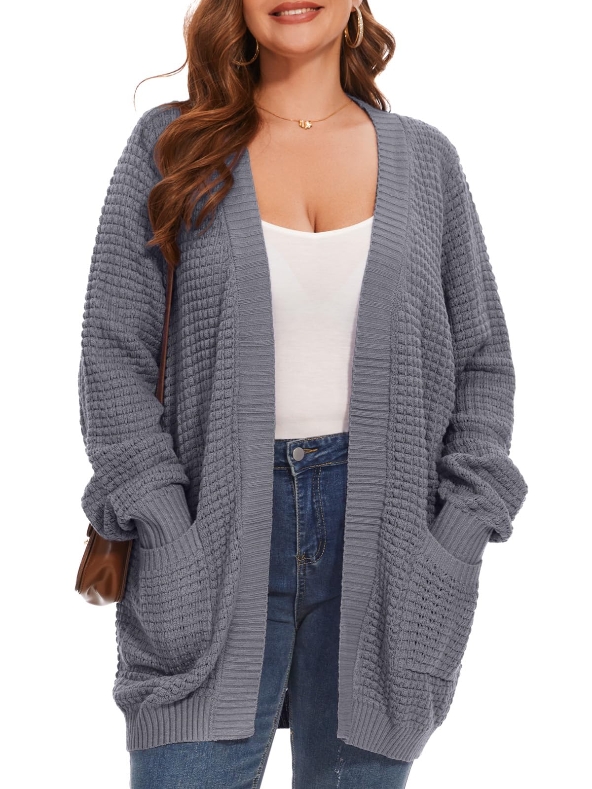 Cardigan Sweaters for Women Plus Size Waffle Knit Long Sleeve Womens Fall Open Front Sweaters Tops with Pockets
