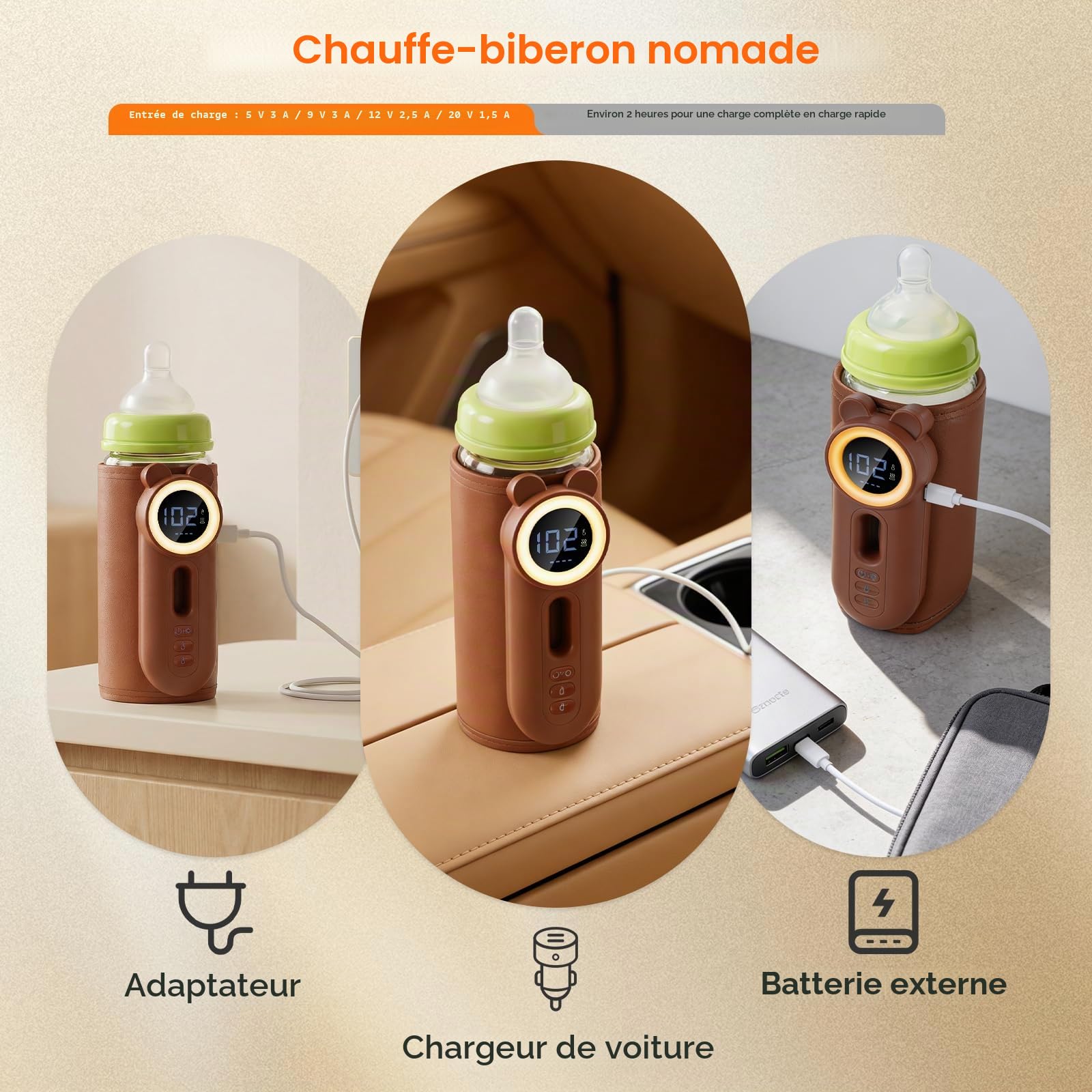 Chauffe Biberon Nomade Portable 10400mAh Chauffe de Lait 11 Niveaux de Température 35-55℃ Chauffe-biberon Sans Fil Réchauffeur de Biberon avec Écran LCD et Lumière pour Maison Extérieur Voyage