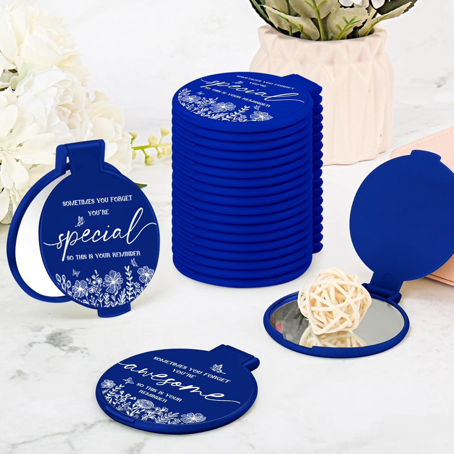 100 Pcs Inspirational Compact Mirror Bulk Small Pocket Mirror Purse Round Portable Folding Makeup Mirror Thanksgiving for Women Coworker Employee Teacher(Blue)