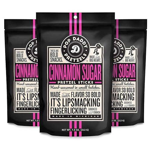 Pop Daddy Cinnamon Sugar Flavored Pretzels Sticks, 7.5oz Bags, 3 Pk | Gourmet Pretzels, Kosher Certified, Resealable Bags, Pretzel Snack Packs, Great for Lunches, Parties, On-the-Go - Cinnamon-Sugar