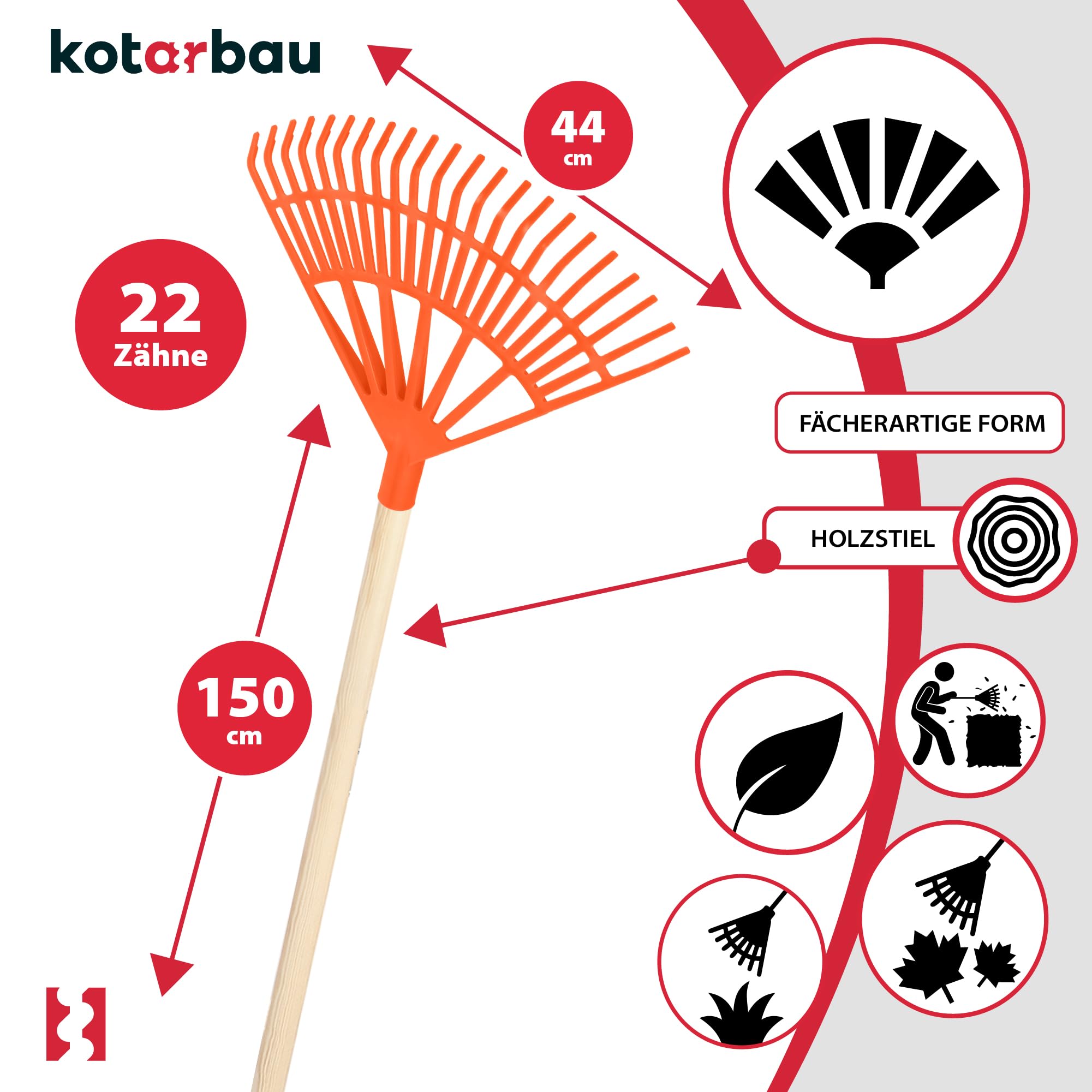 KOTARBAU® Rateau à Feuilles - Plastique - 44 cm - Orange - avec Manche - Râteau Jardin - Balai à Gazon - Ramasse Feuilles - Léger - Résistant - Entretien Jardin